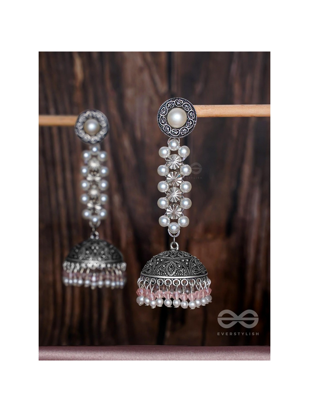 Twirling Pearl Dreamland - Oxidised Jhumka Earrings
