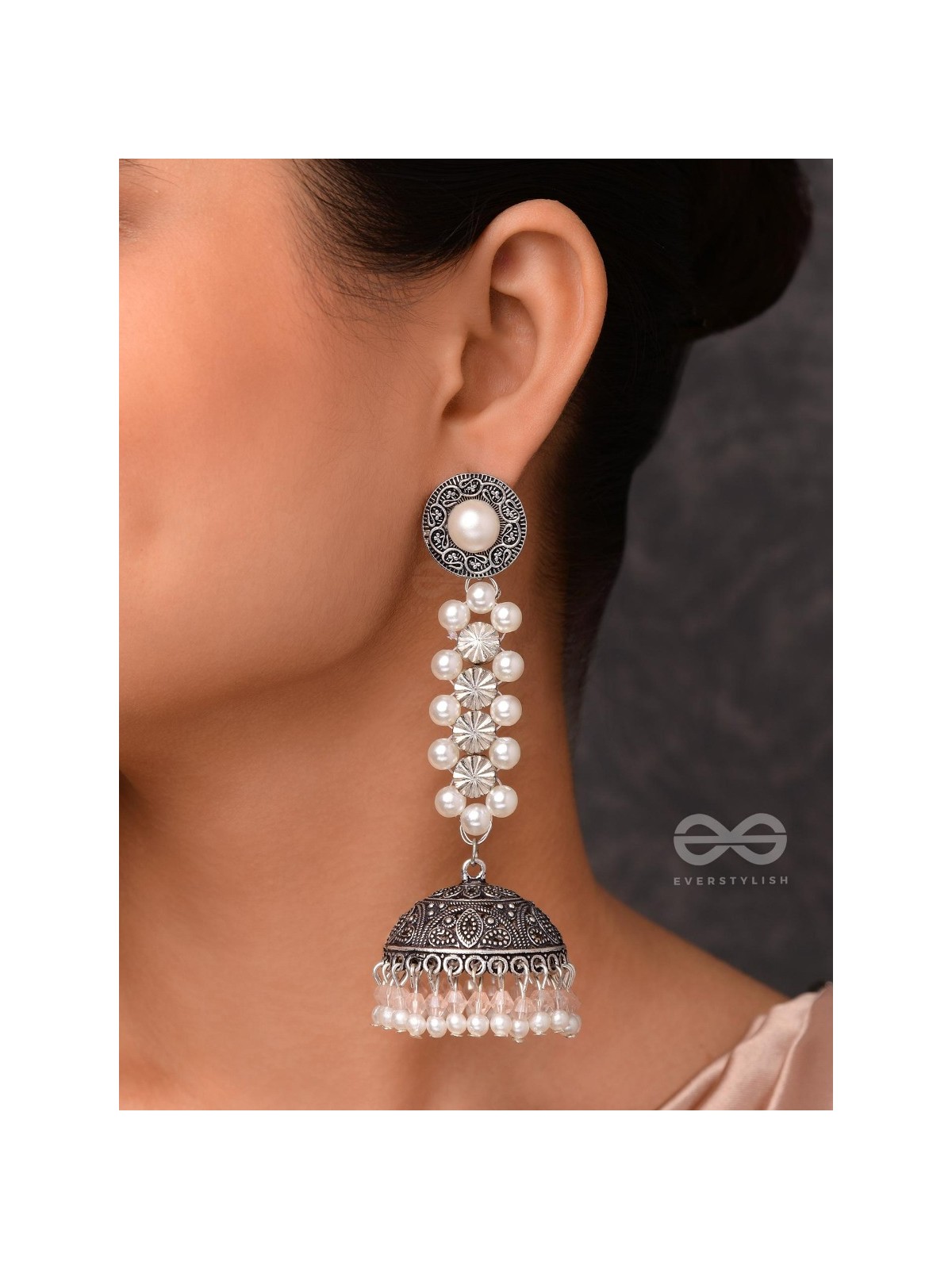 Twirling Pearl Dreamland - Oxidised Jhumka Earrings