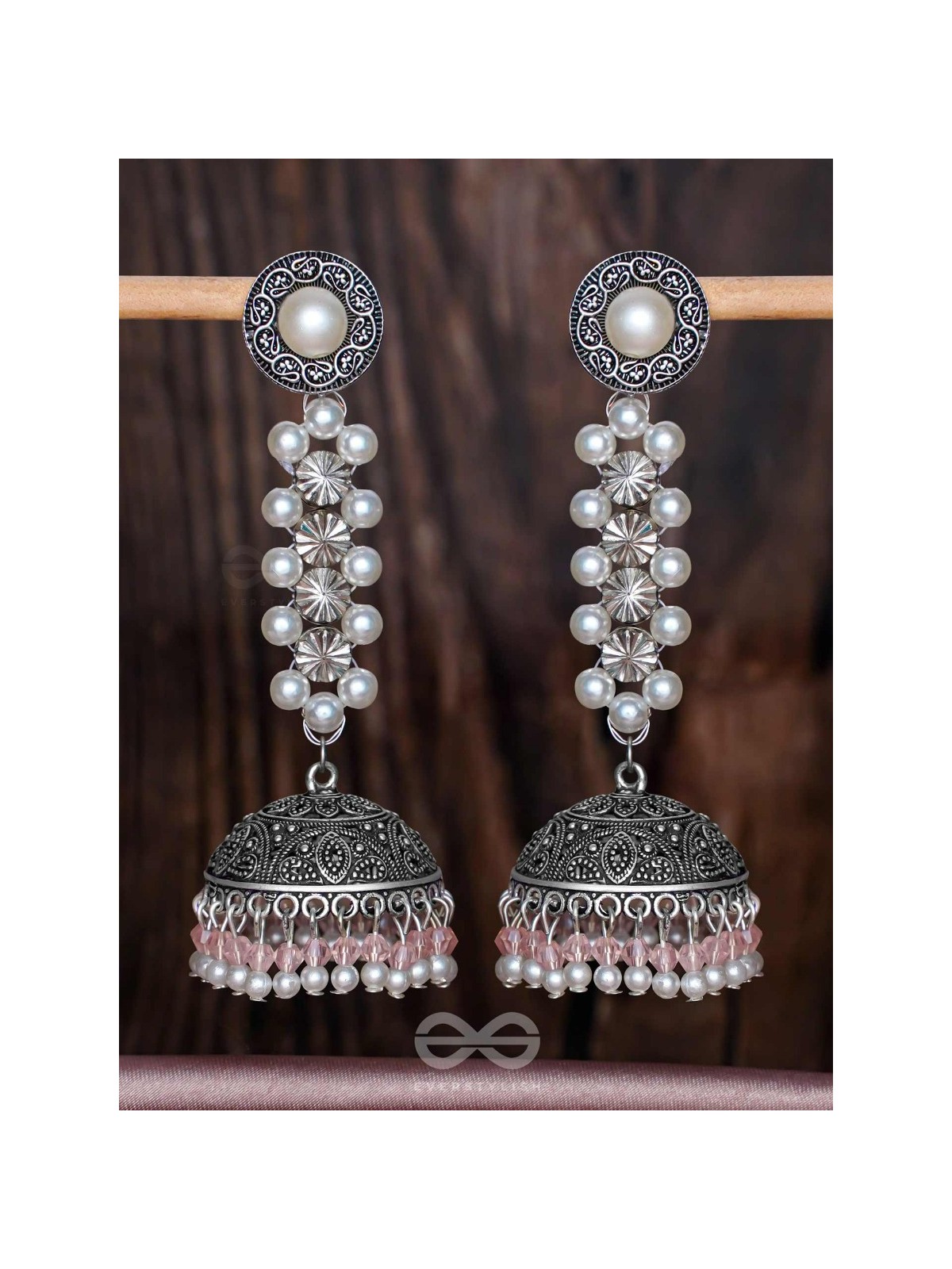 Twirling Pearl Dreamland - Oxidised Jhumka Earrings