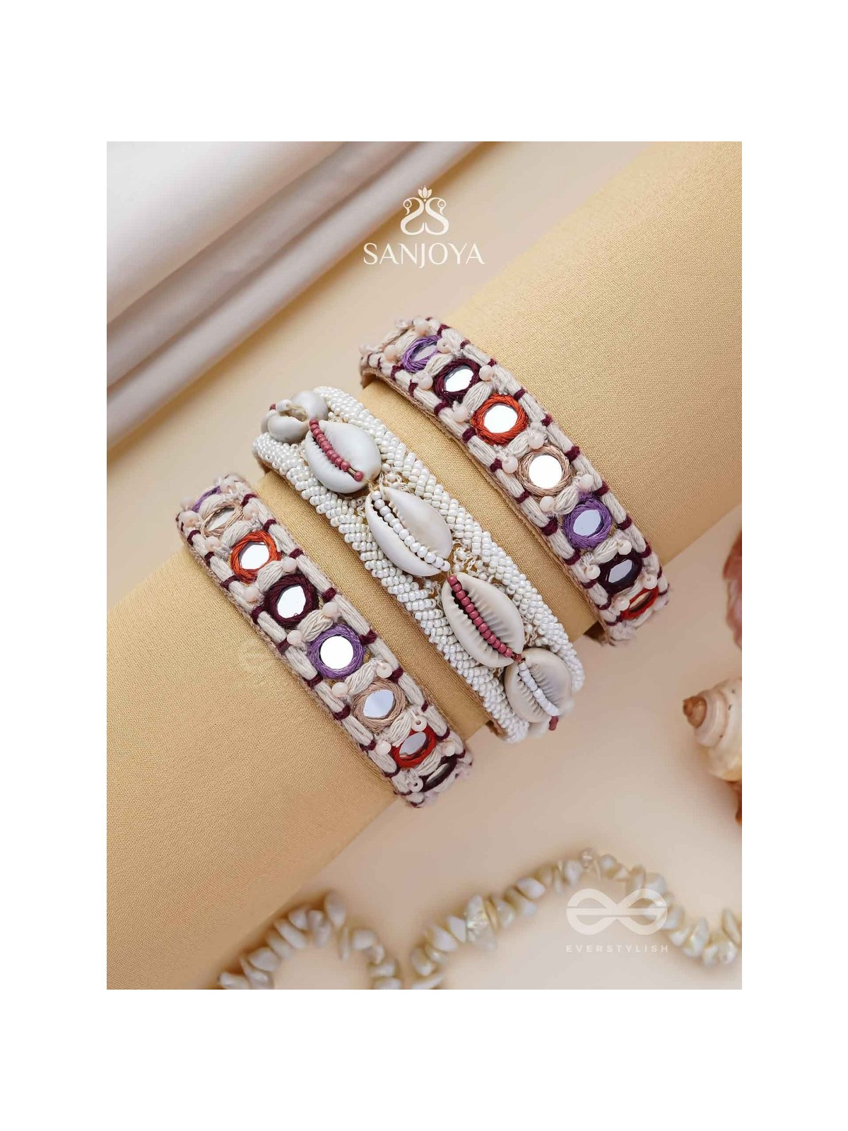 BIMBITA- THE BEACH REEFLECTIONS - MIRROR, SHELLS AND RESHAM EMBROIDERED BANGLES (SET OF 3)