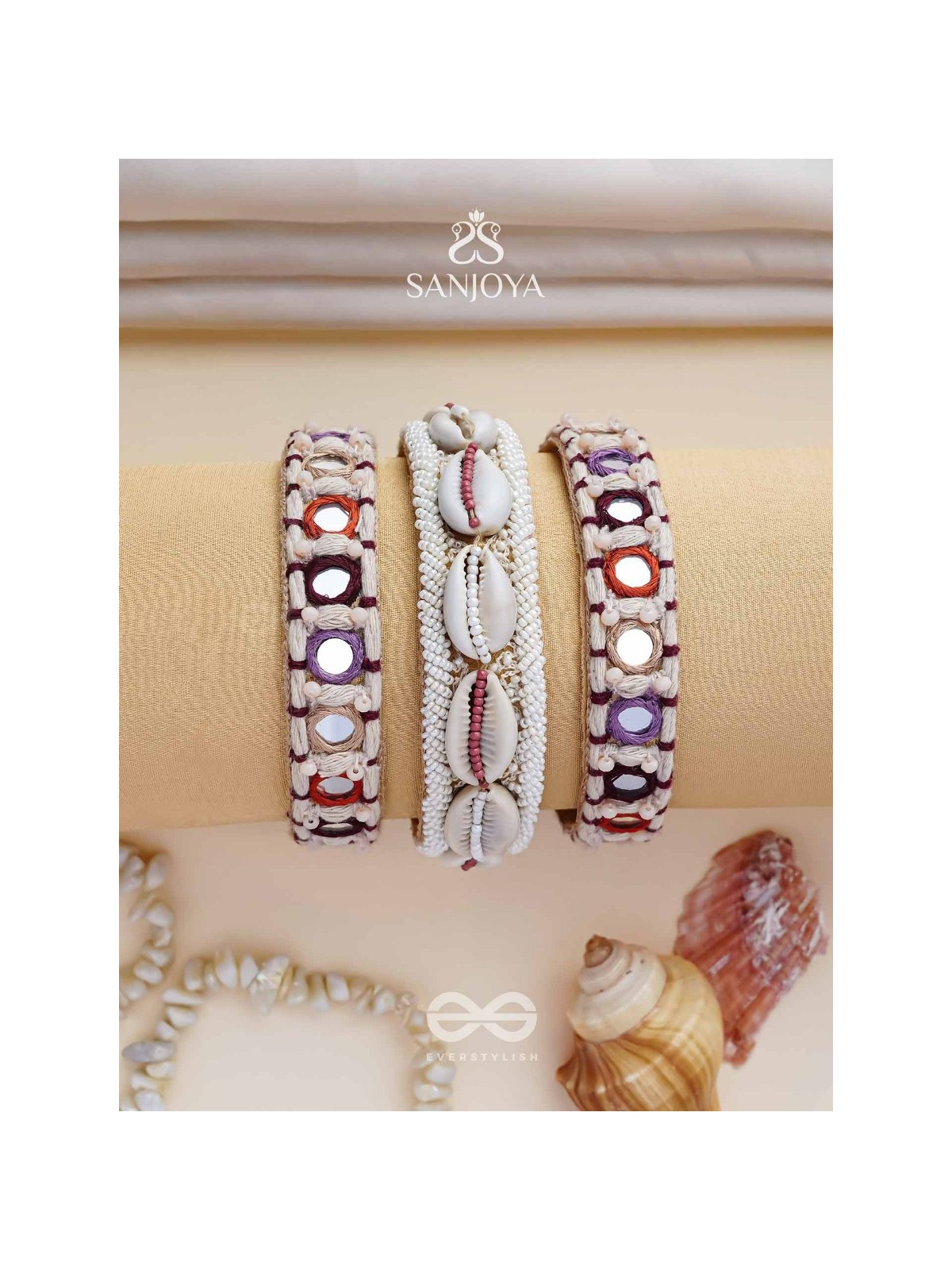 BIMBITA- THE BEACH REEFLECTIONS - MIRROR, SHELLS AND RESHAM EMBROIDERED BANGLES (SET OF 3)