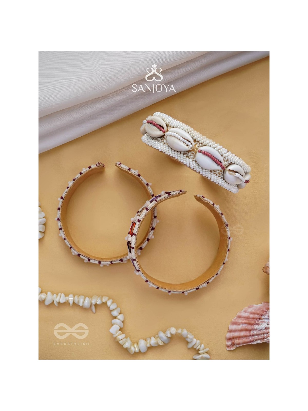 BIMBITA- THE BEACH REEFLECTIONS - MIRROR, SHELLS AND RESHAM EMBROIDERED BANGLES (SET OF 3)