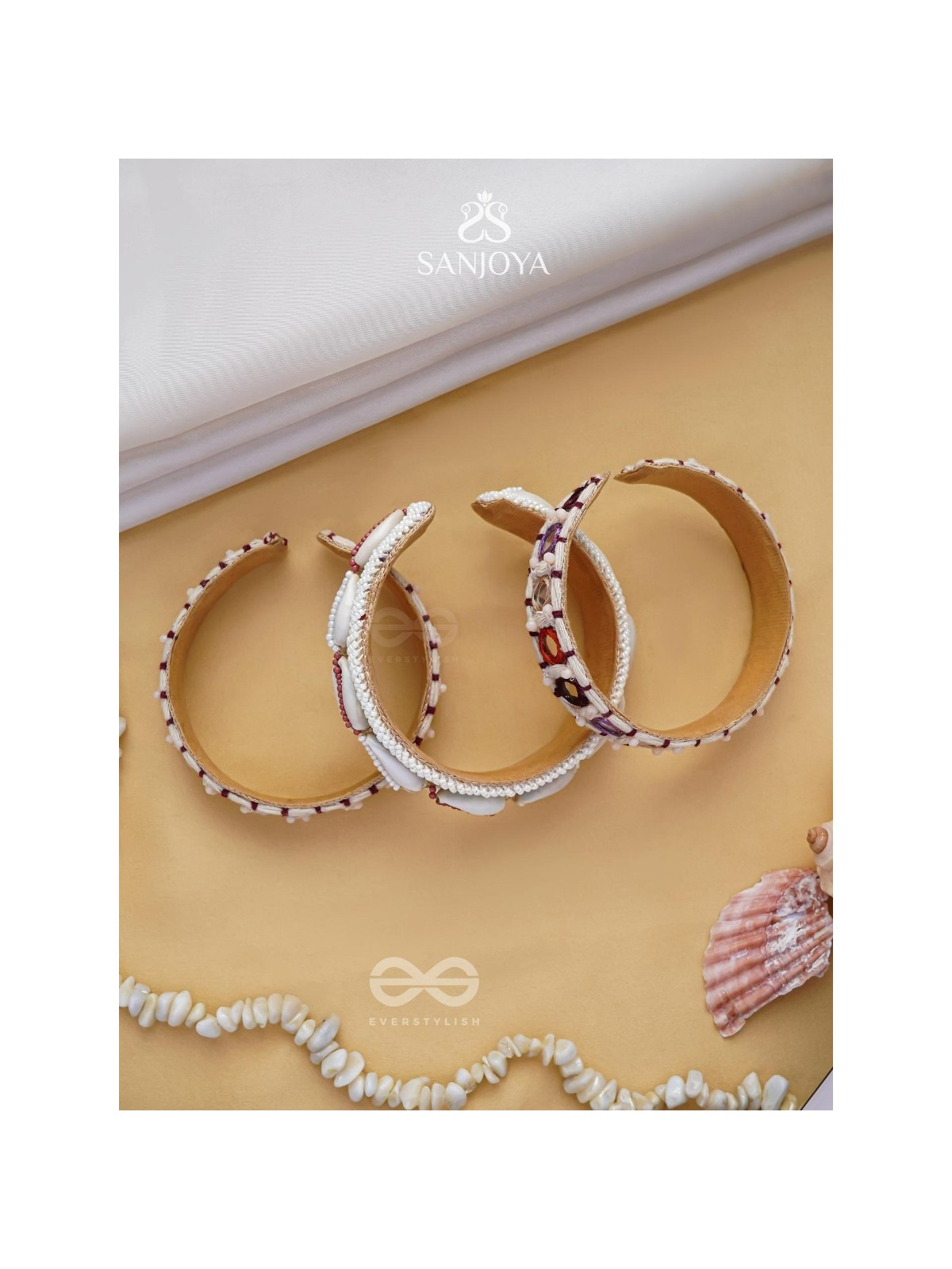 BIMBITA- THE BEACH REEFLECTIONS - MIRROR, SHELLS AND RESHAM EMBROIDERED BANGLES (SET OF 3)