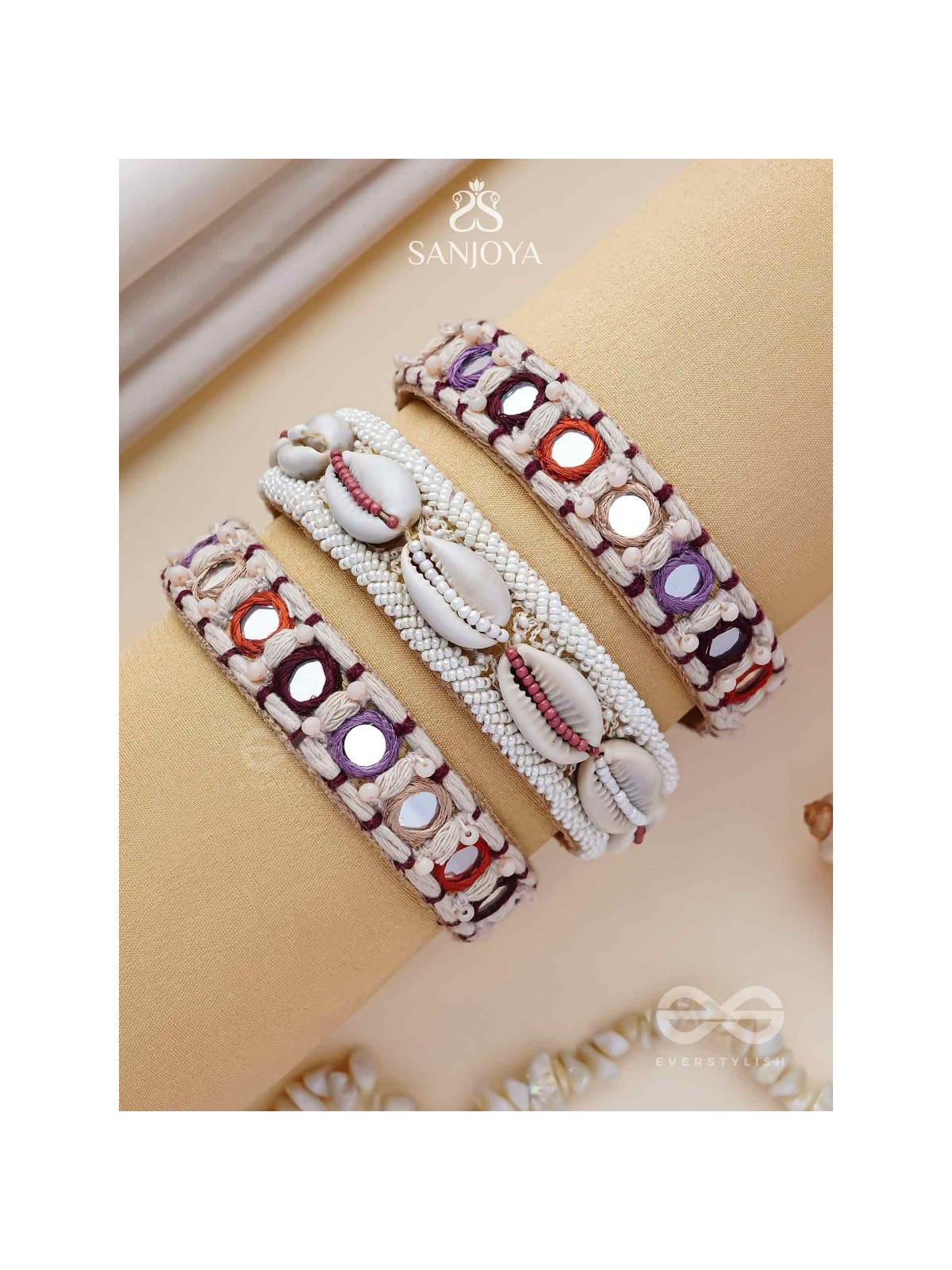 BIMBITA- THE BEACH REEFLECTIONS - MIRROR, SHELLS AND RESHAM EMBROIDERED BANGLES (SET OF 3)