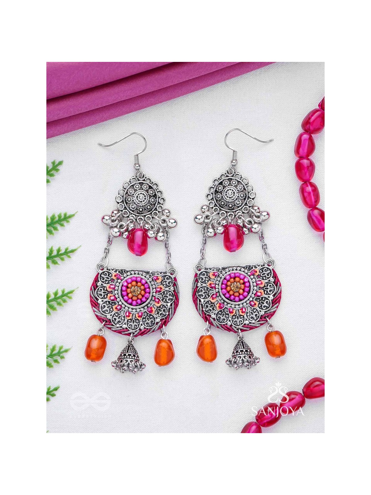 Abhisayam - The Sunset Dyes- Stone, Beads, Dabka And Glass Drops Hand Embroidered Oxidised Earrings
