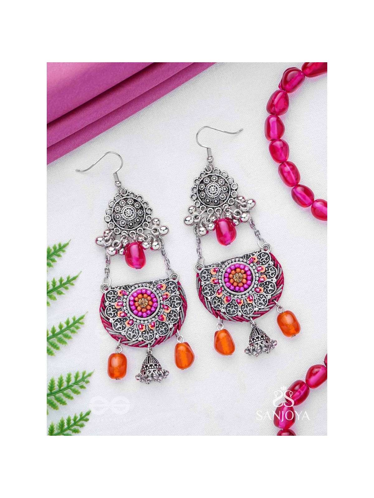 Abhisayam - The Sunset Dyes- Stone, Beads, Dabka And Glass Drops Hand Embroidered Oxidised Earrings