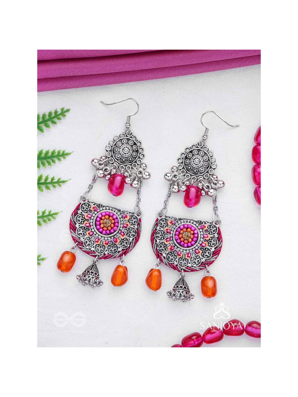 Abhisayam - The Sunset Dyes- Stone, Beads, Dabka And Glass Drops Hand Embroidered Oxidised Earrings