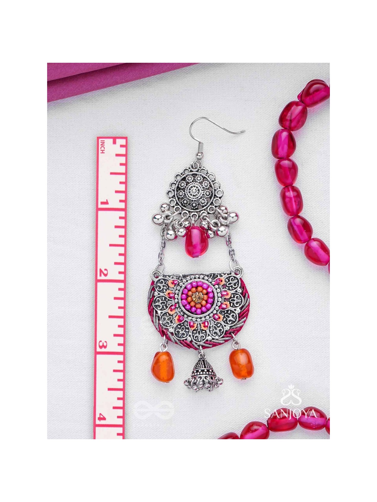 Abhisayam - The Sunset Dyes- Stone, Beads, Dabka And Glass Drops Hand Embroidered Oxidised Earrings