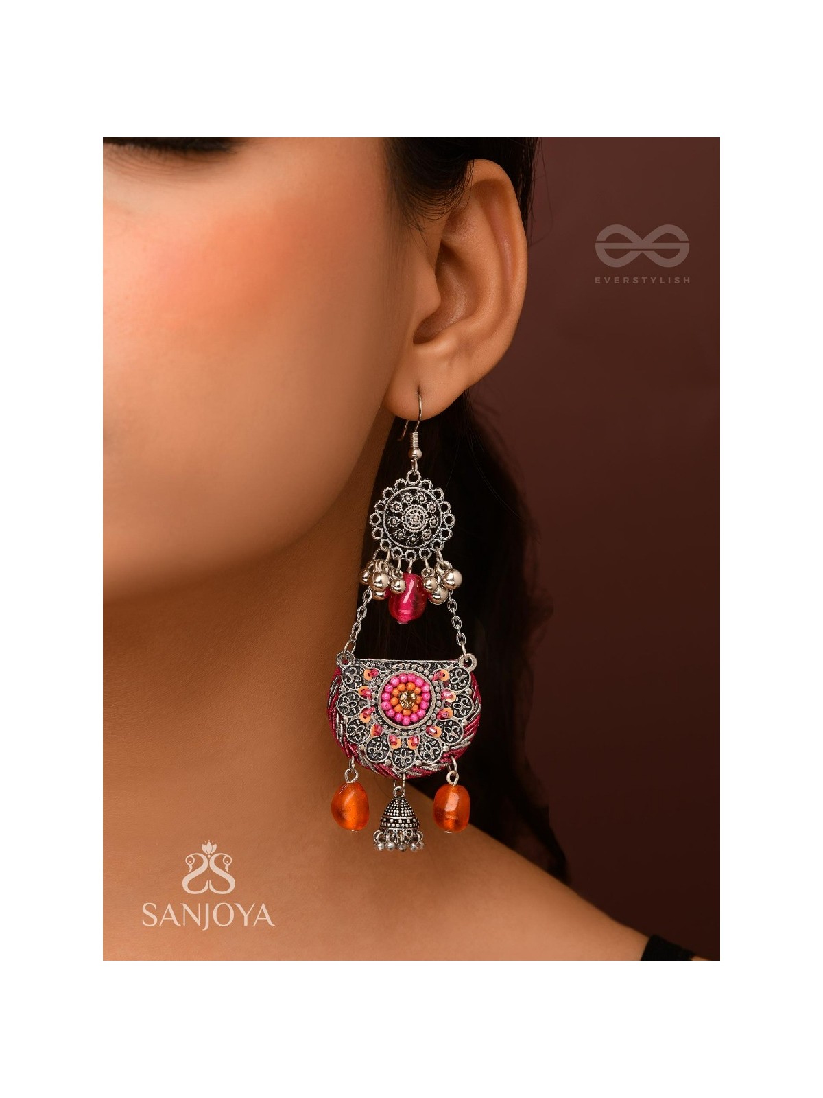 Abhisayam - The Sunset Dyes- Stone, Beads, Dabka And Glass Drops Hand Embroidered Oxidised Earrings