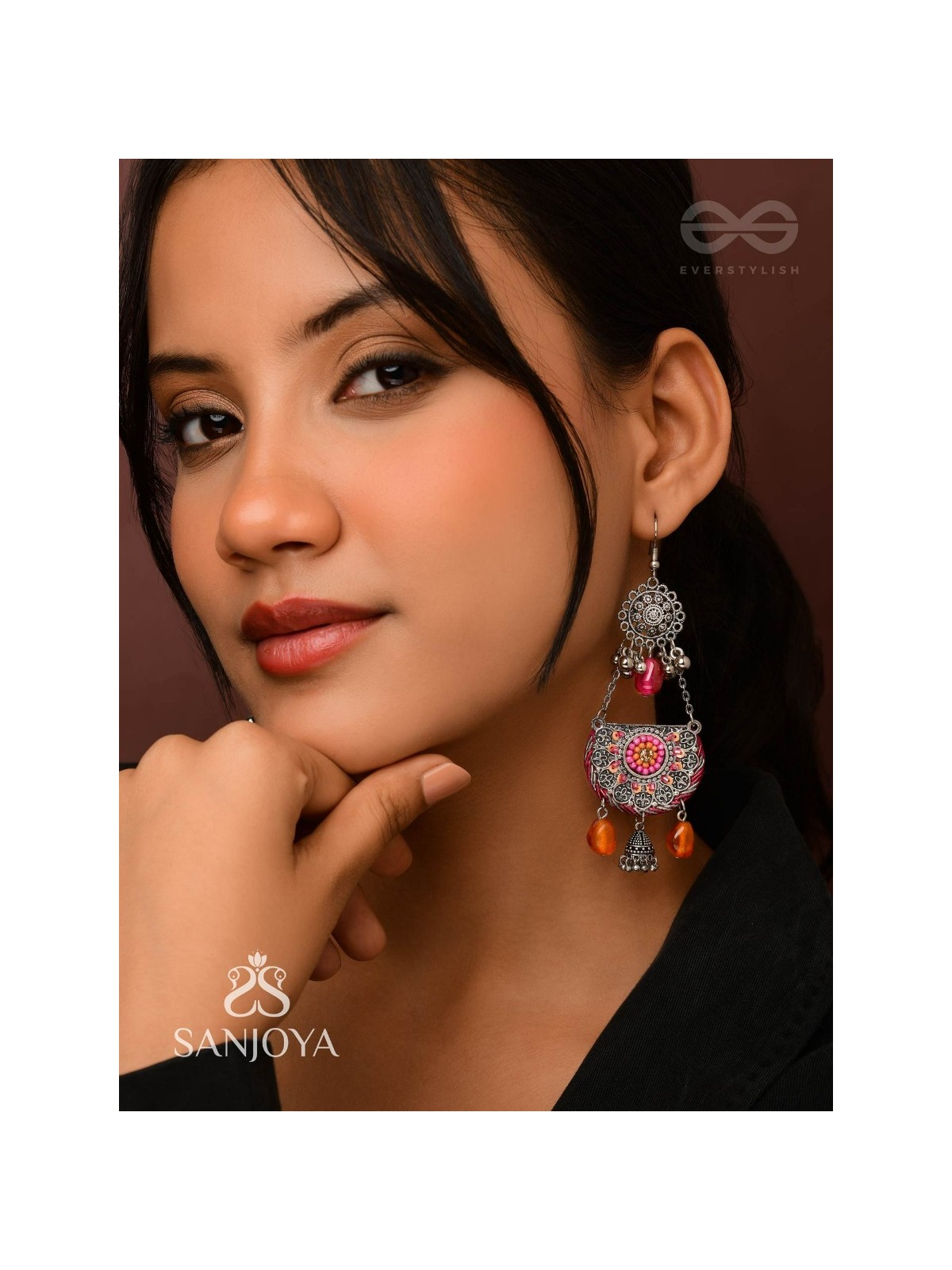 Abhisayam - The Sunset Dyes- Stone, Beads, Dabka And Glass Drops Hand Embroidered Oxidised Earrings