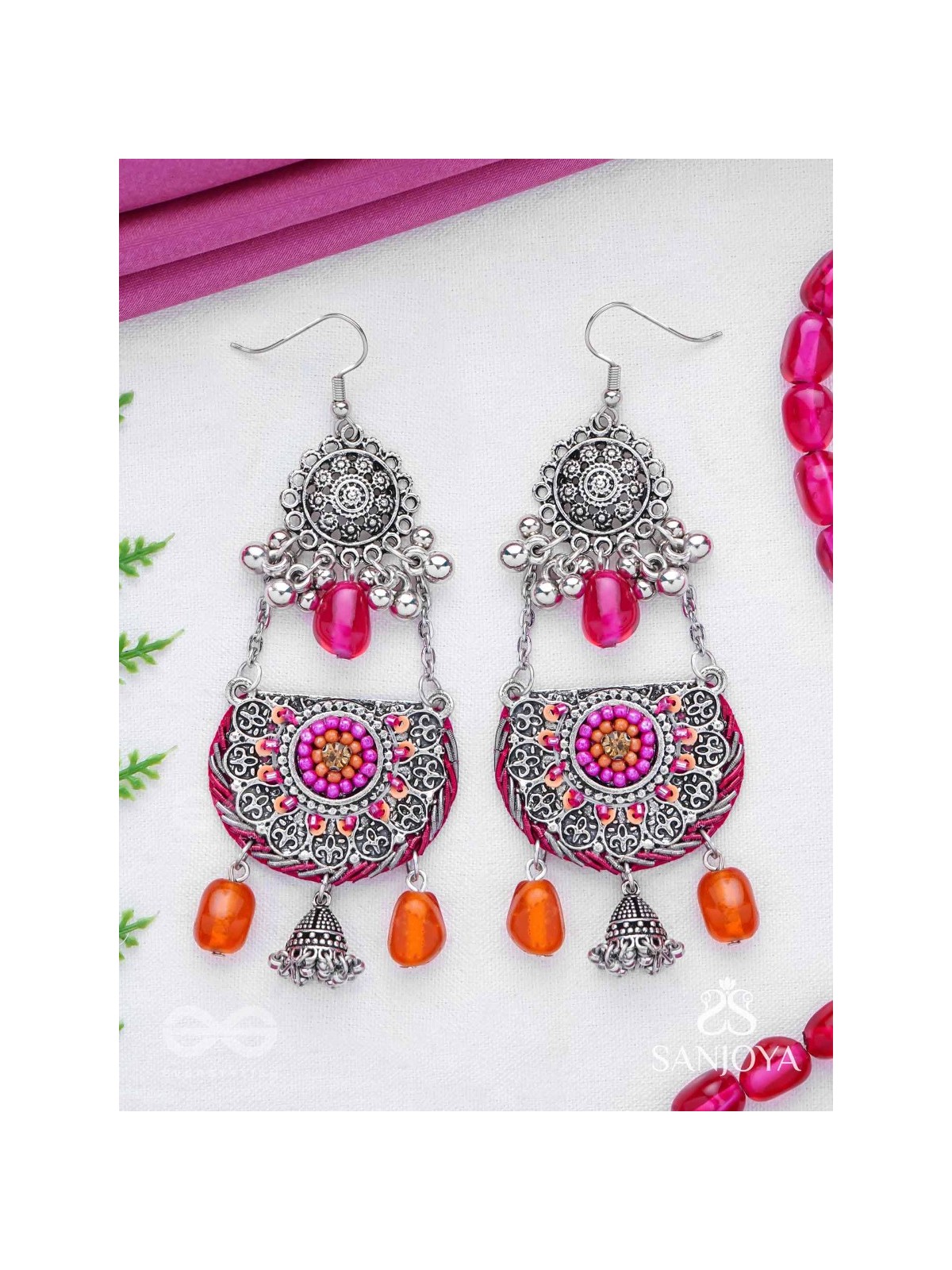 Abhisayam - The Sunset Dyes- Stone, Beads, Dabka And Glass Drops Hand Embroidered Oxidised Earrings
