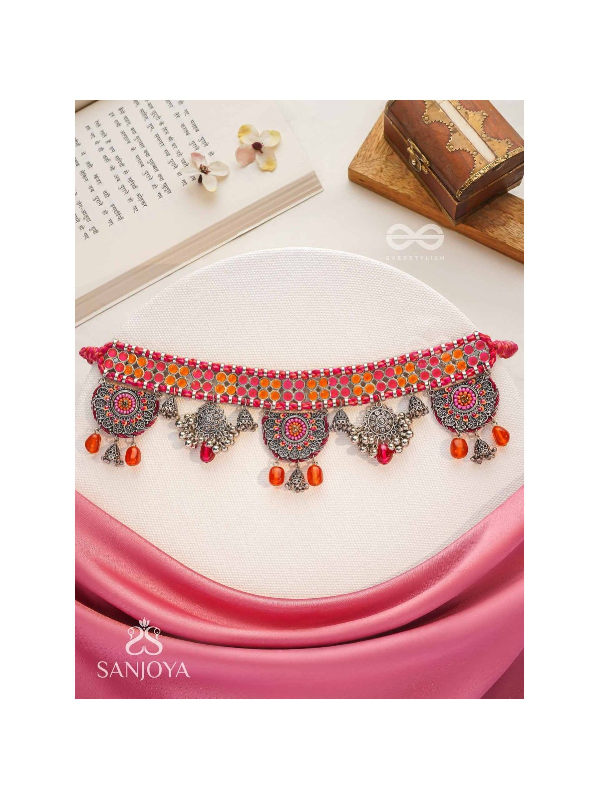 Prasvap - The Dusk Dream - Resham, Beads And Glass Drops Hand Embroidered Oxidised Choker Neckpiece