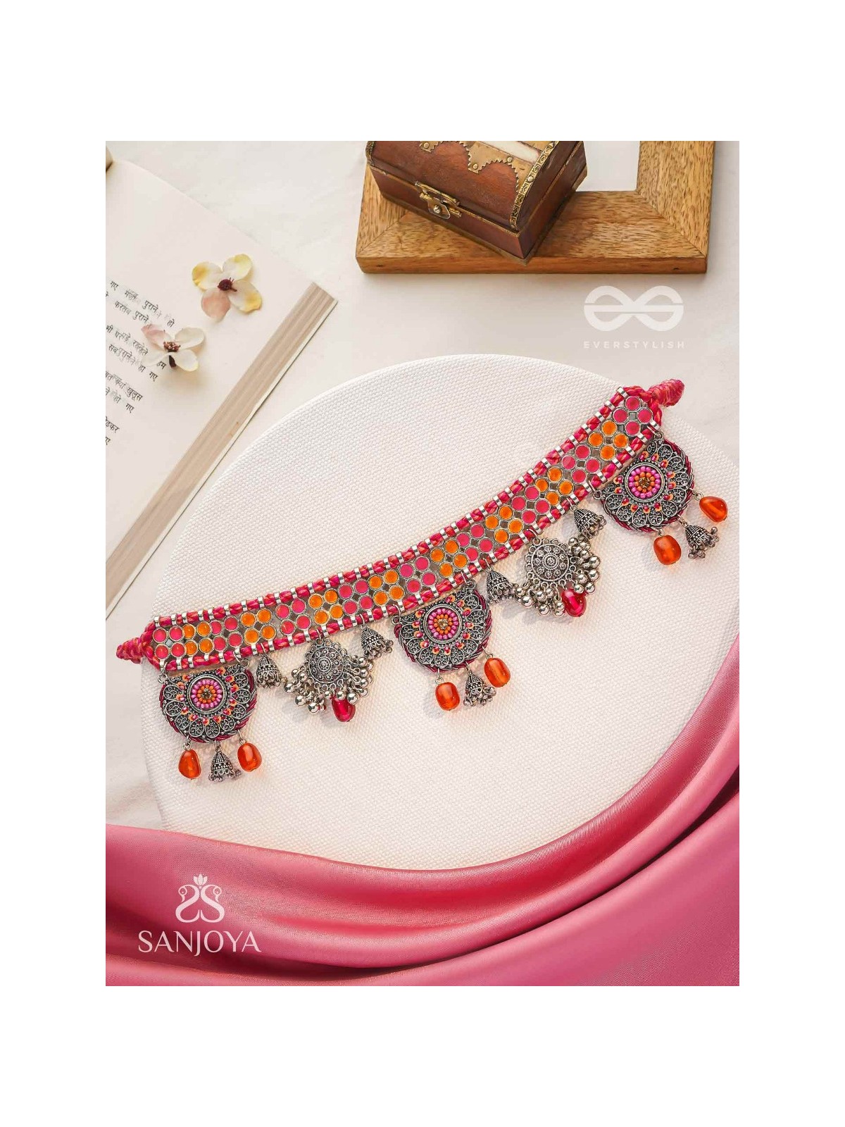 Prasvap - The Dusk Dream - Resham, Beads And Glass Drops Hand Embroidered Oxidised Choker Neckpiece