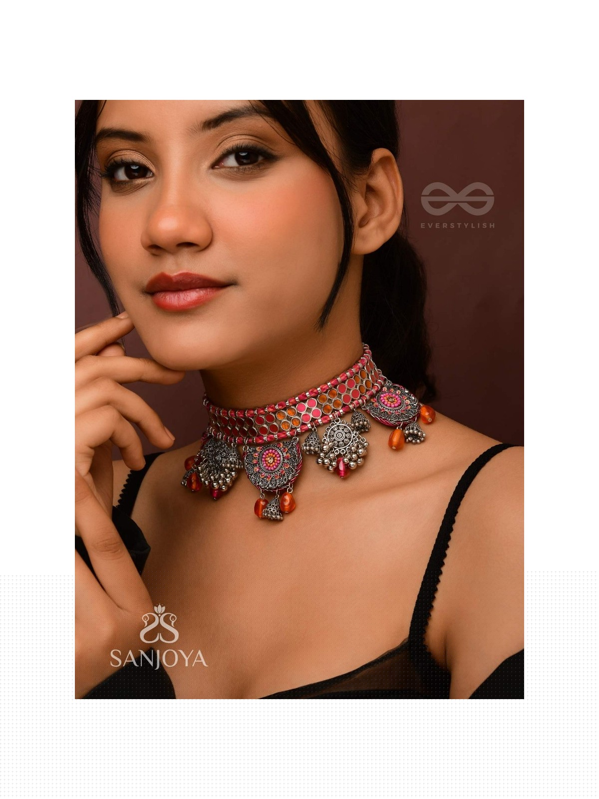 Prasvap - The Dusk Dream - Resham, Beads And Glass Drops Hand Embroidered Oxidised Choker Neckpiece