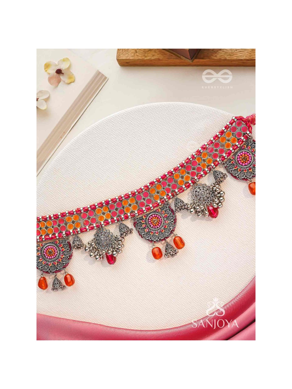 Prasvap - The Dusk Dream - Resham, Beads And Glass Drops Hand Embroidered Oxidised Choker Neckpiece