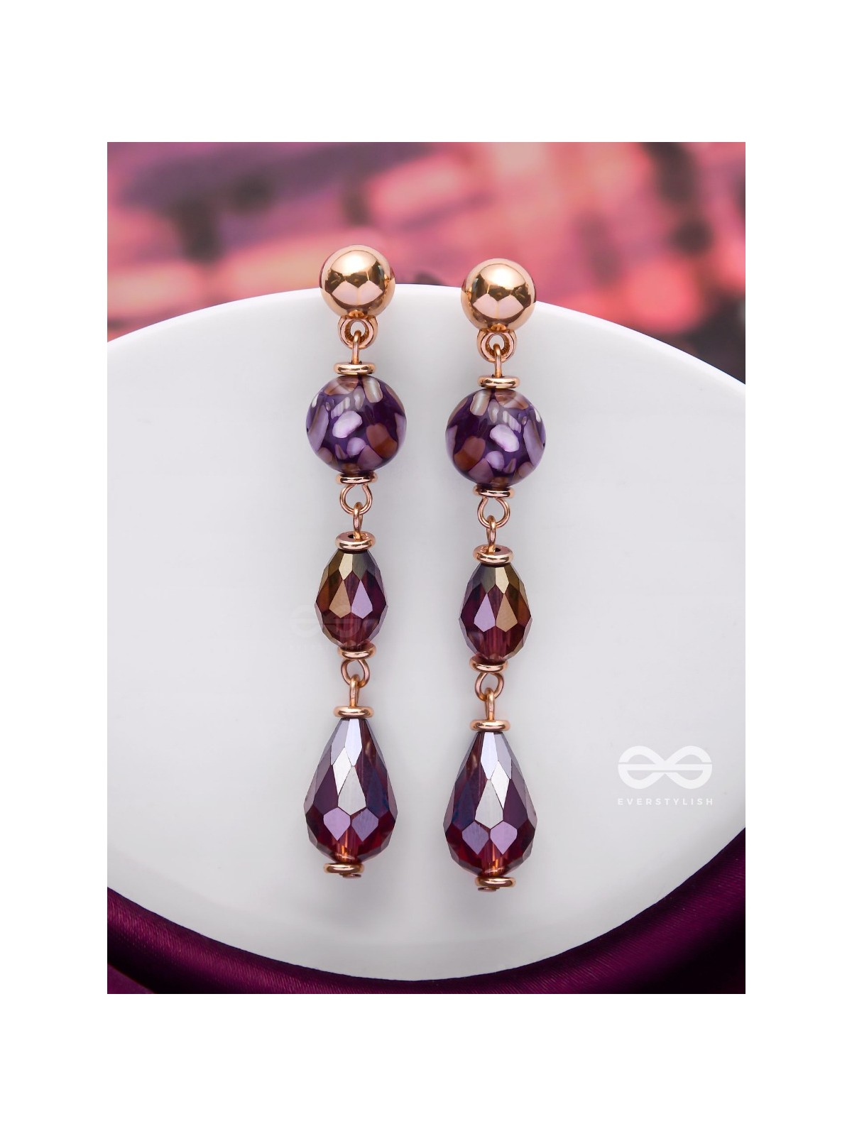 VIOLET VELVET DROPS - GOLDEN EMBELLISHED EARRINGS