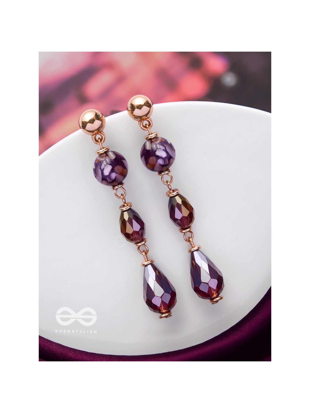 VIOLET VELVET DROPS - GOLDEN EMBELLISHED EARRINGS