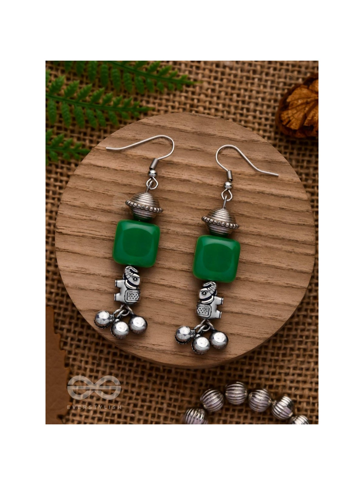 MELODIC EMERALD TRUMPET - EMBELLISHED OXIDISED EARRINGS