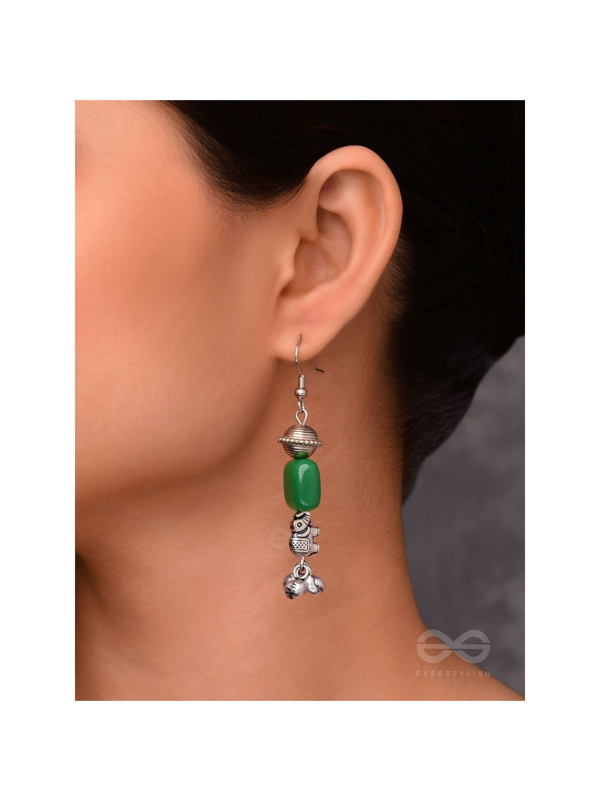 MELODIC EMERALD TRUMPET - EMBELLISHED OXIDISED EARRINGS