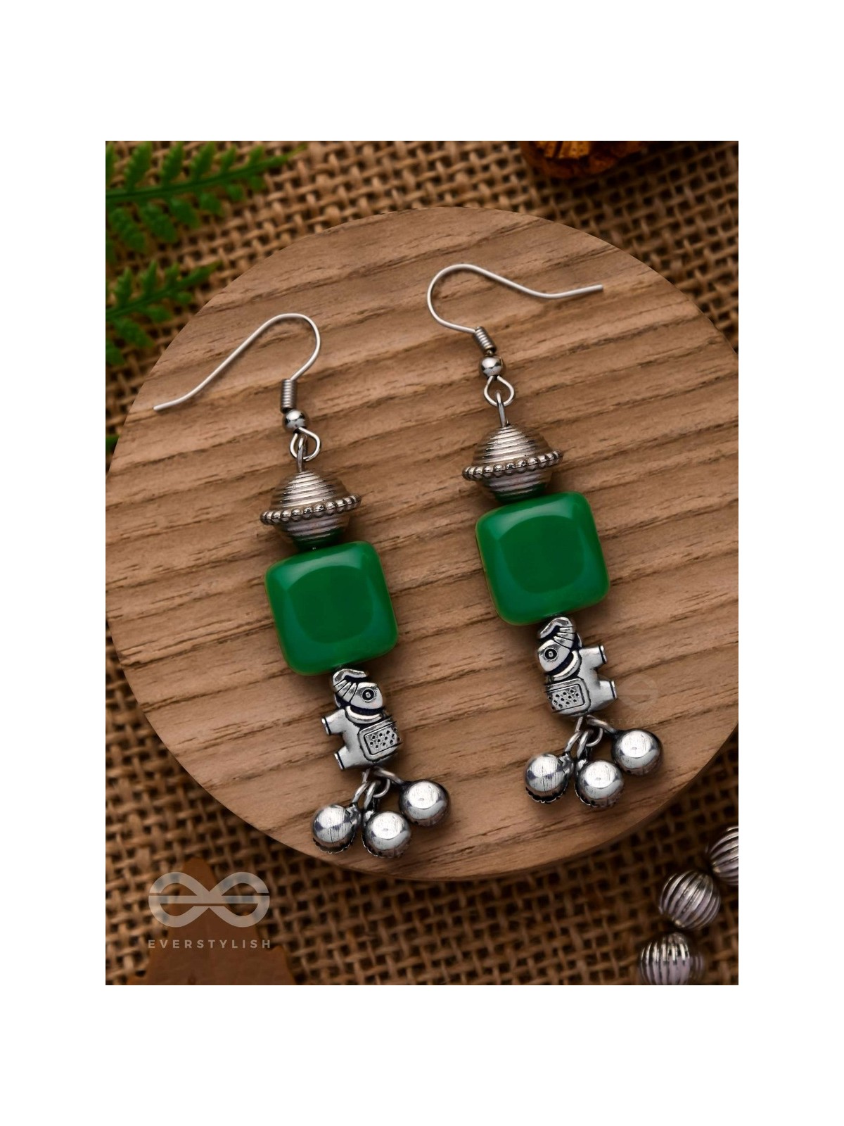 MELODIC EMERALD TRUMPET - EMBELLISHED OXIDISED EARRINGS