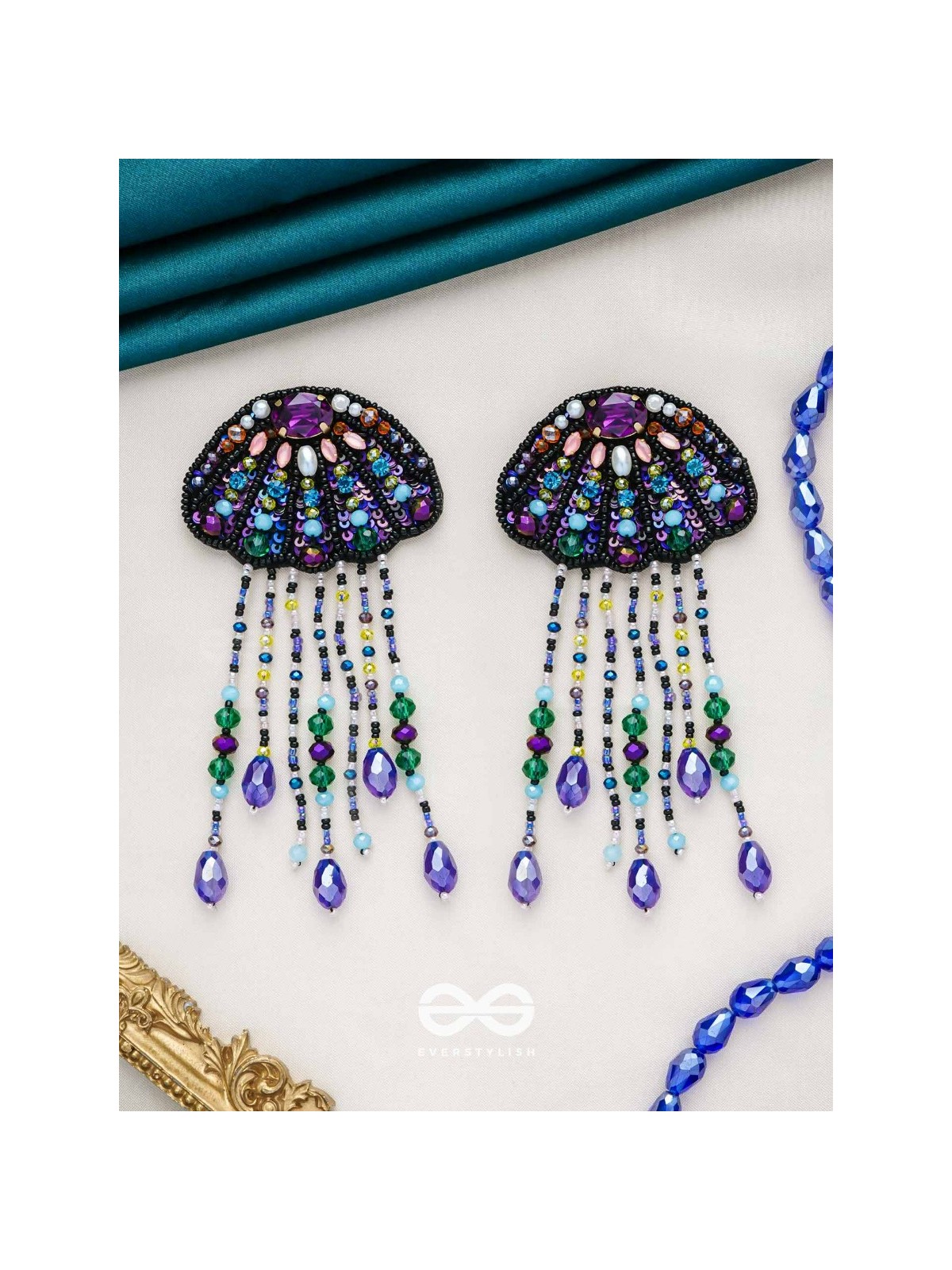 Mrdika - The Vibrant Fish - Stone, Beads And Sequins Hand Embroidered Earrings