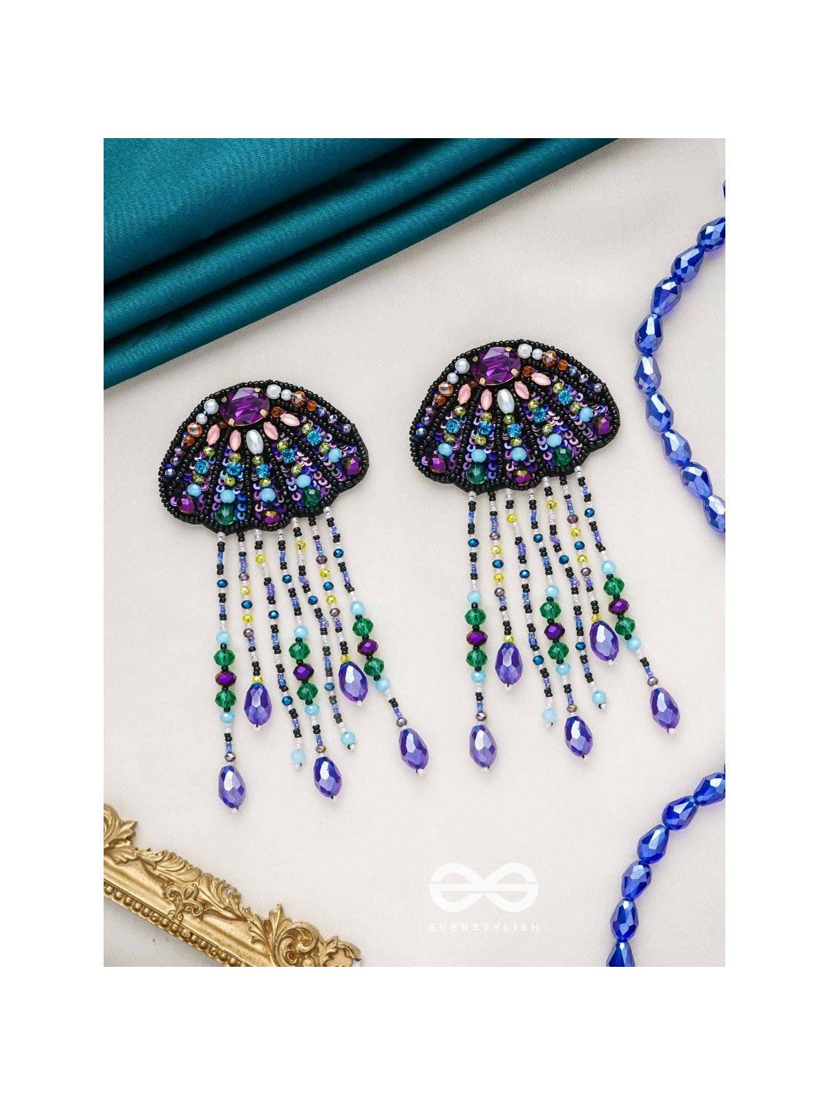 Mrdika - The Vibrant Fish - Stone, Beads And Sequins Hand Embroidered Earrings