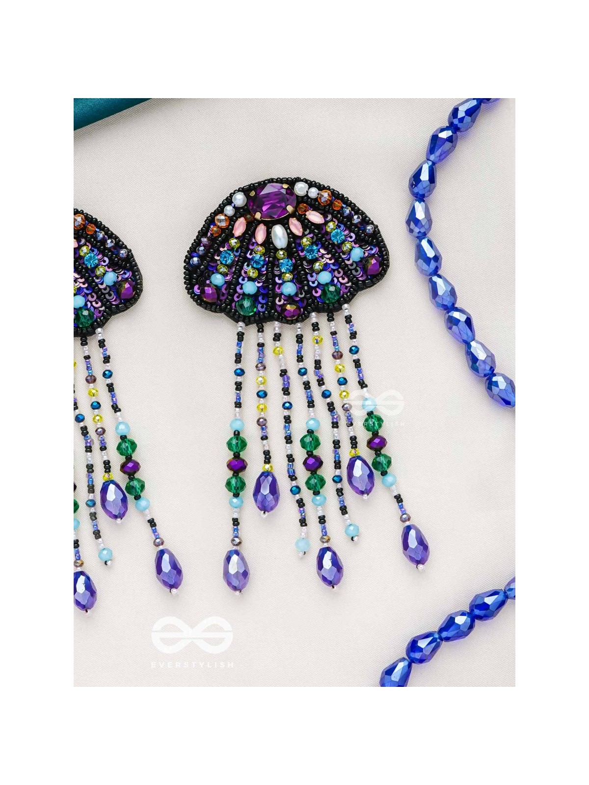 Mrdika - The Vibrant Fish - Stone, Beads And Sequins Hand Embroidered Earrings