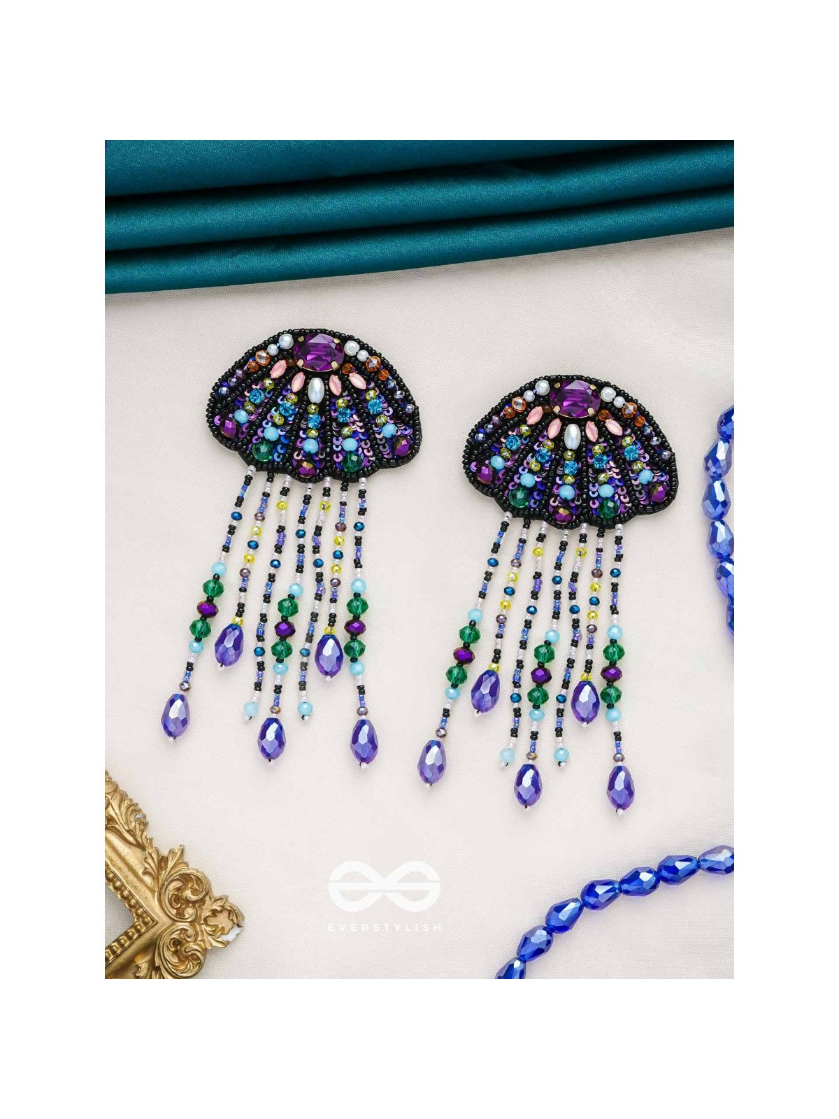 Mrdika - The Vibrant Fish - Stone, Beads And Sequins Hand Embroidered Earrings