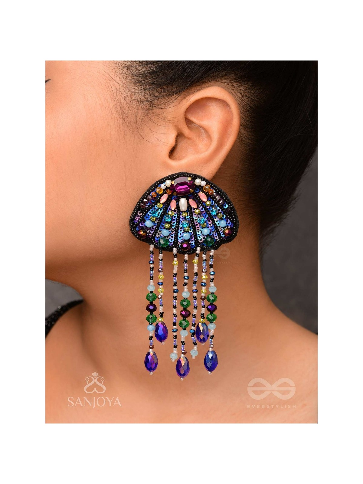 Mrdika - The Vibrant Fish - Stone, Beads And Sequins Hand Embroidered Earrings