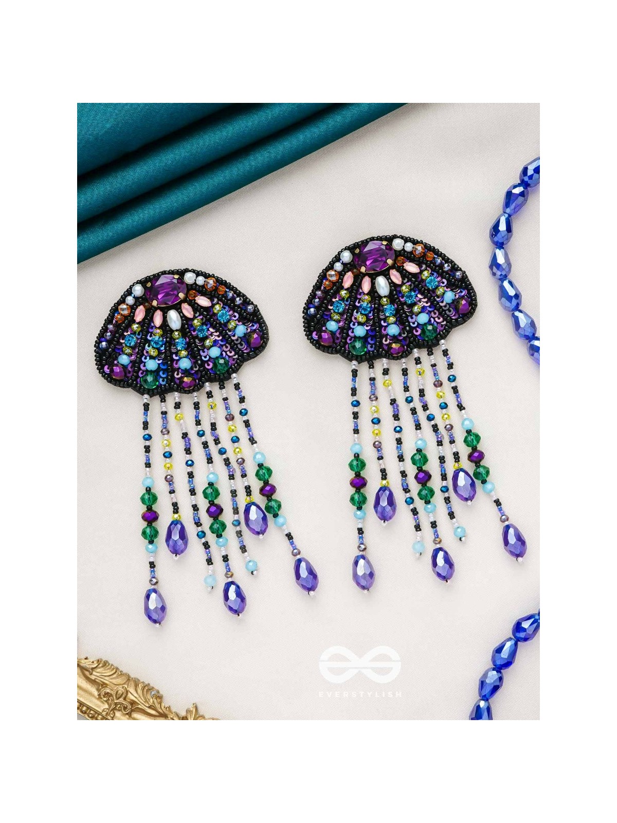 Mrdika - The Vibrant Fish - Stone, Beads And Sequins Hand Embroidered Earrings