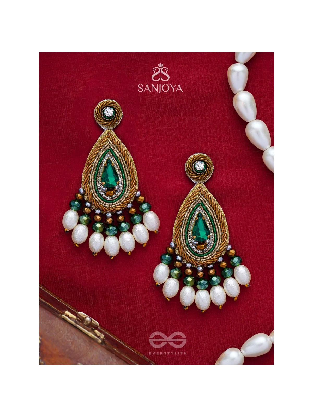 Haritparna - Green Leaved - Stone, Cutdana And Beads Hand Embroidered Earrings