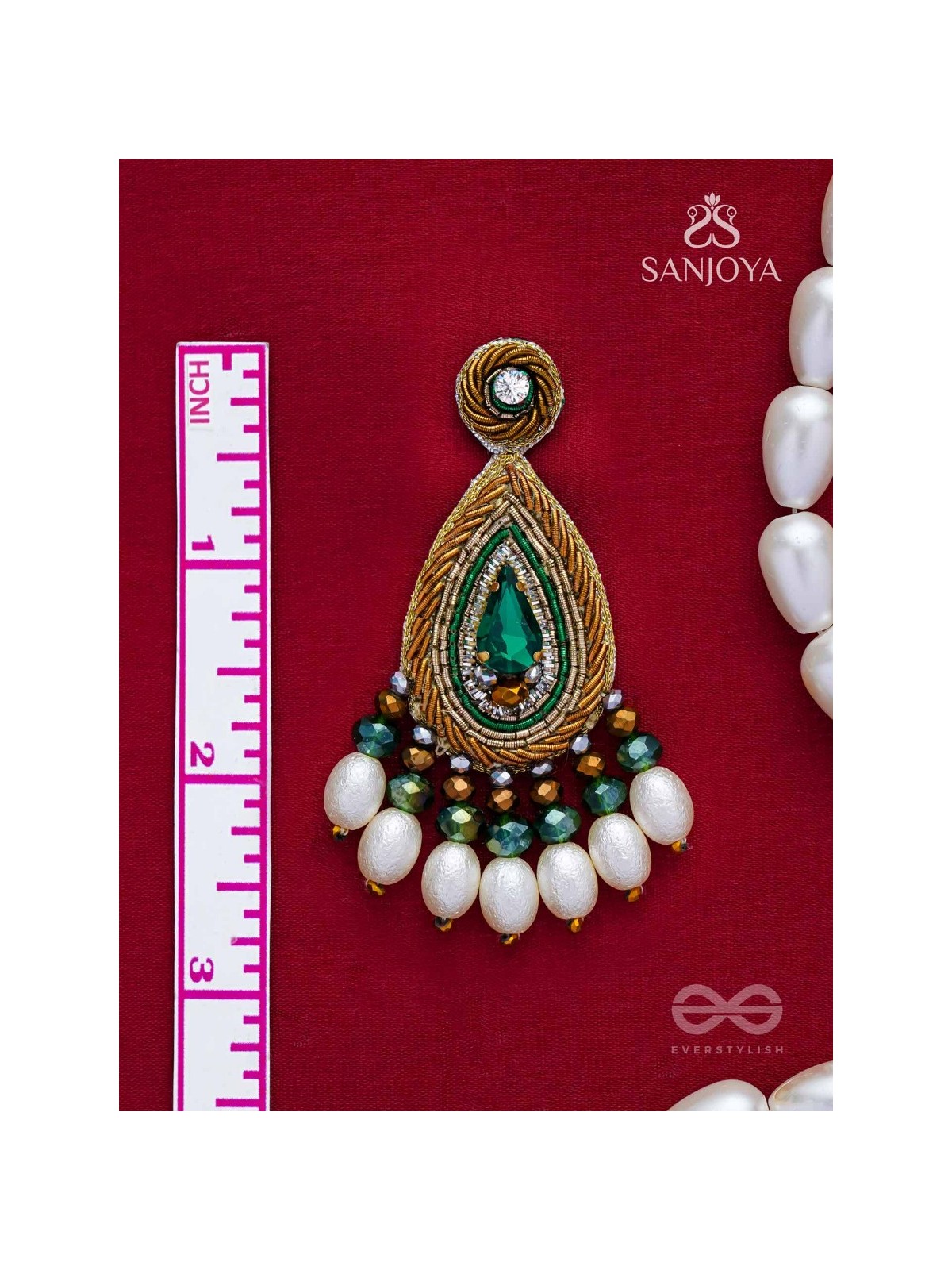 Haritparna - Green Leaved - Stone, Cutdana And Beads Hand Embroidered Earrings