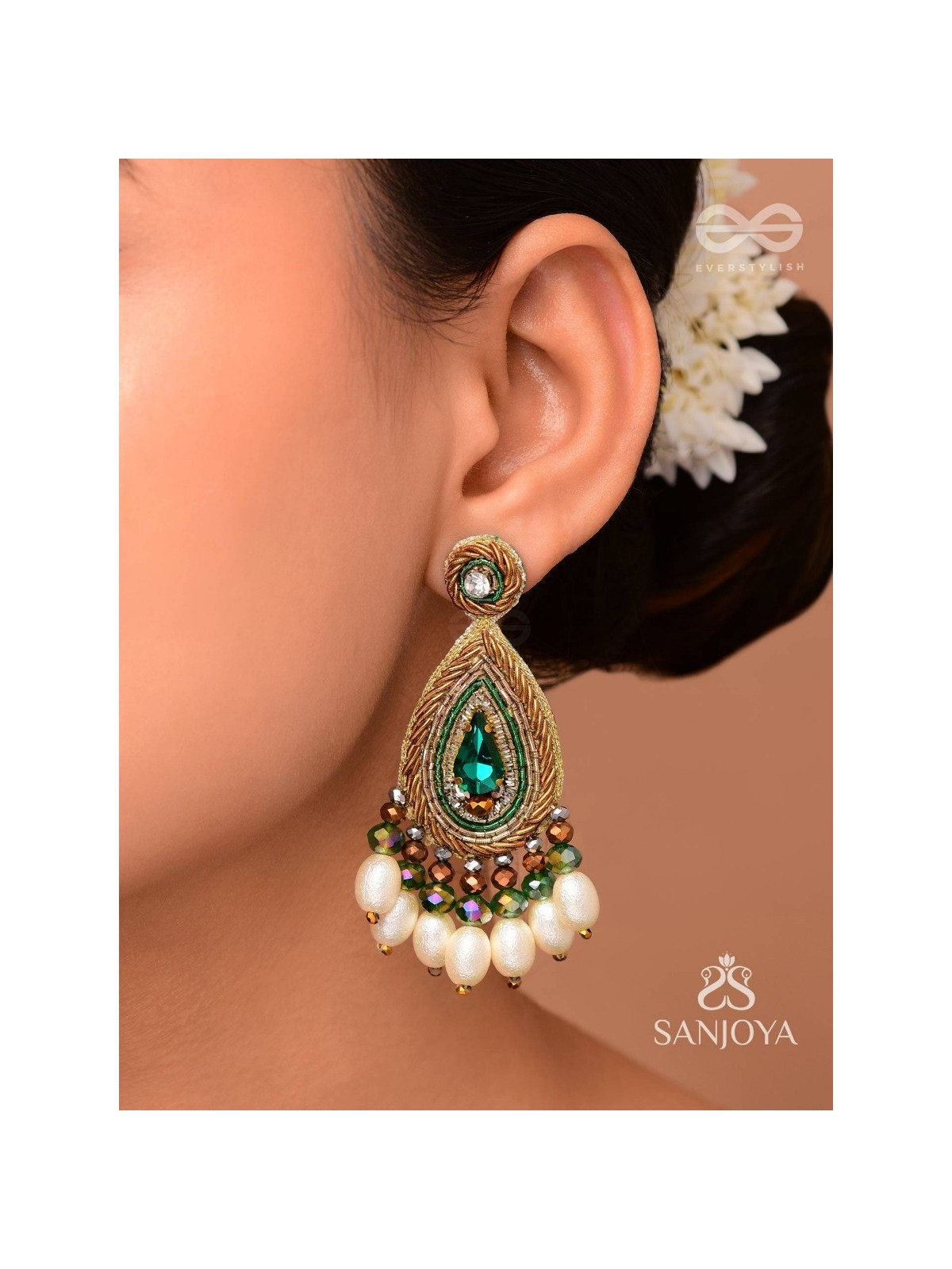 Haritparna - Green Leaved - Stone, Cutdana And Beads Hand Embroidered Earrings