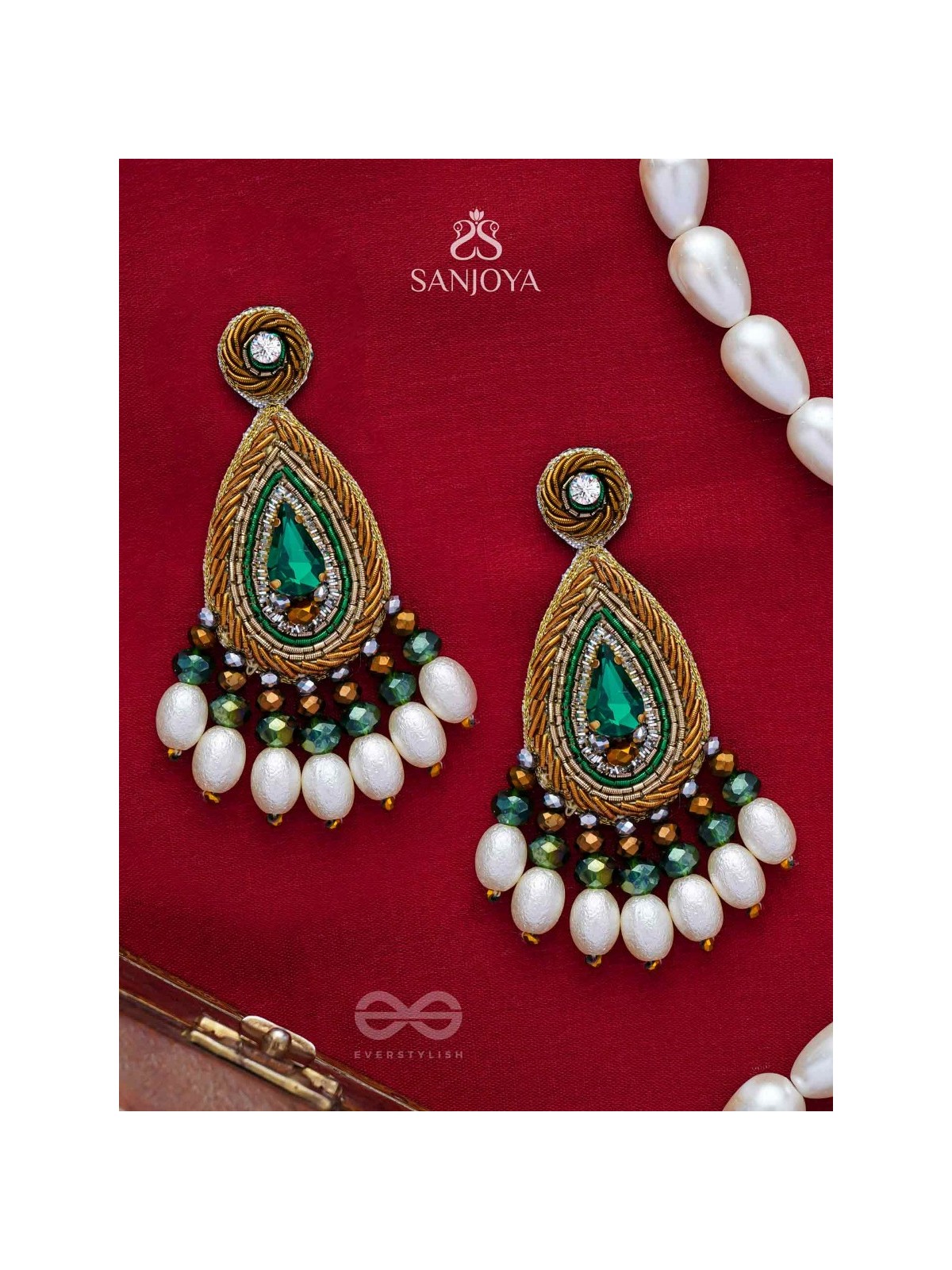 Haritparna - Green Leaved - Stone, Cutdana And Beads Hand Embroidered Earrings