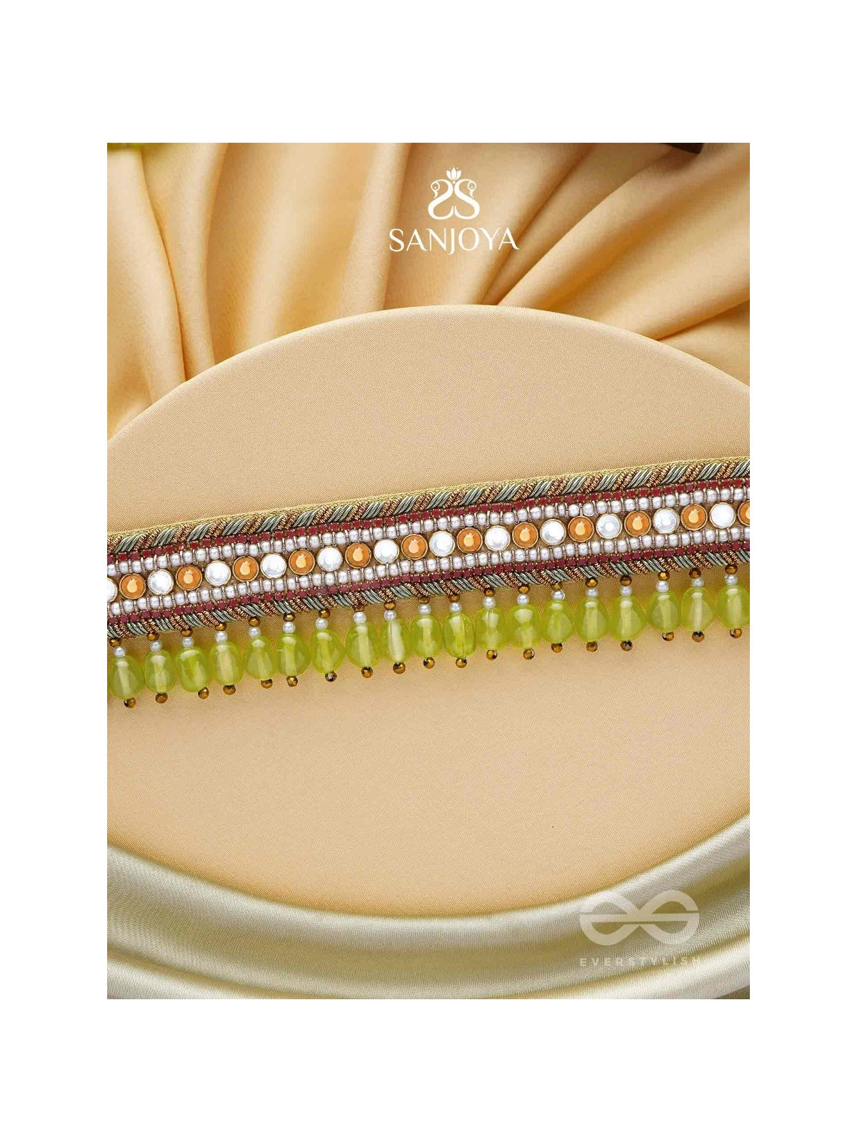 Hemaprabha- The Lively Love- Beads And Glass Drops Lace Hand Embroidered Choker Neckpiece