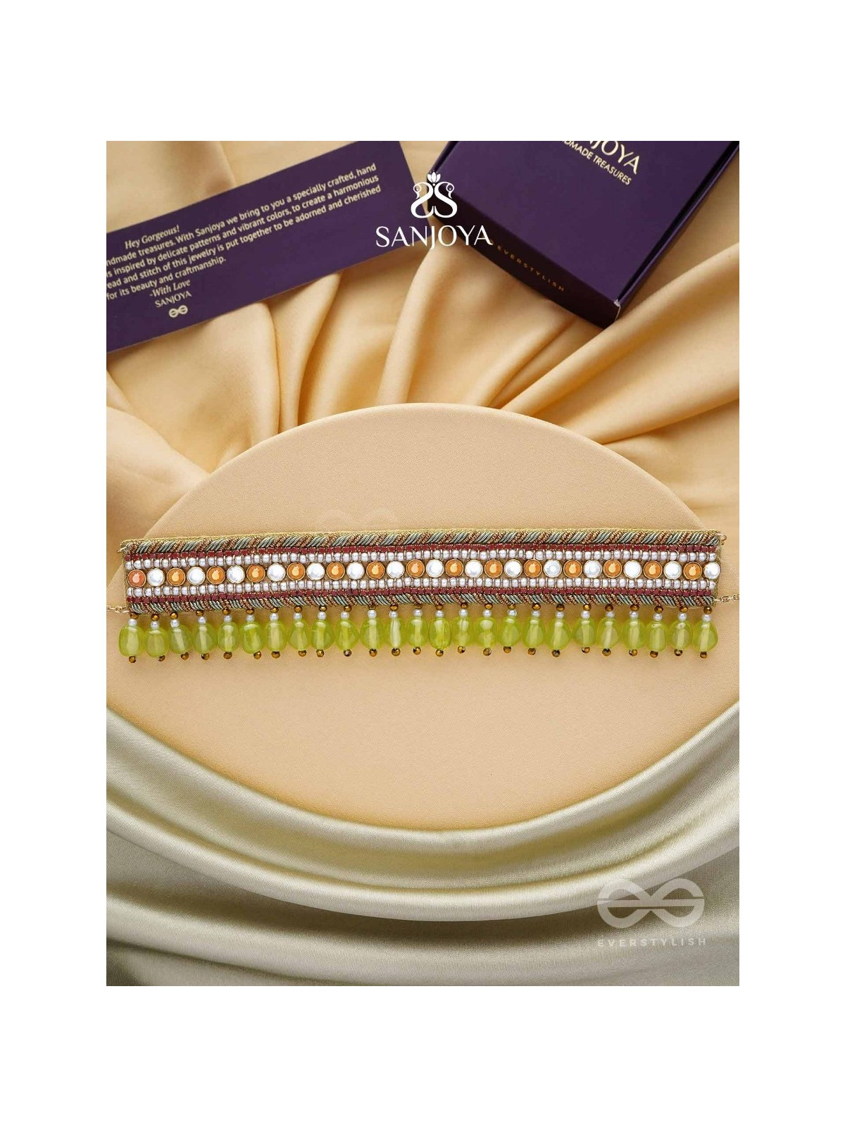 Hemaprabha- The Lively Love- Beads And Glass Drops Lace Hand Embroidered Choker Neckpiece