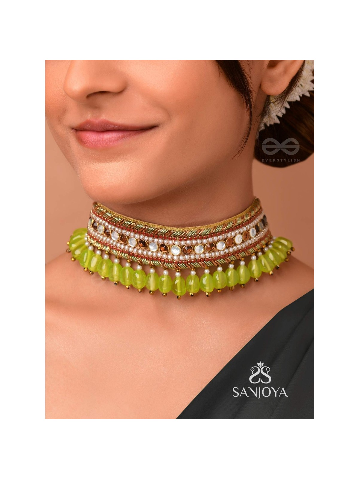 Hemaprabha- The Lively Love- Beads And Glass Drops Lace Hand Embroidered Choker Neckpiece