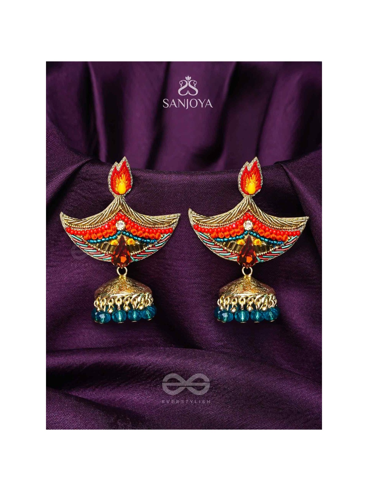 Dipah - Lamp Of Victory - Stone, Resham And Cut Dana Hand Embroidered Earrings