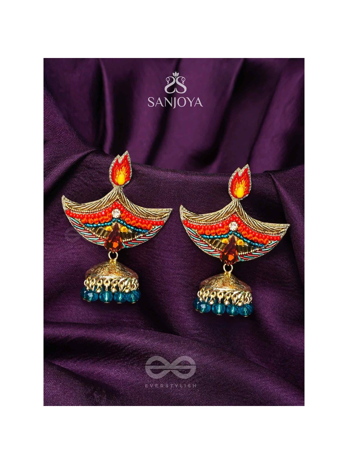 Dipah - Lamp Of Victory - Stone, Resham And Cut Dana Hand Embroidered Earrings