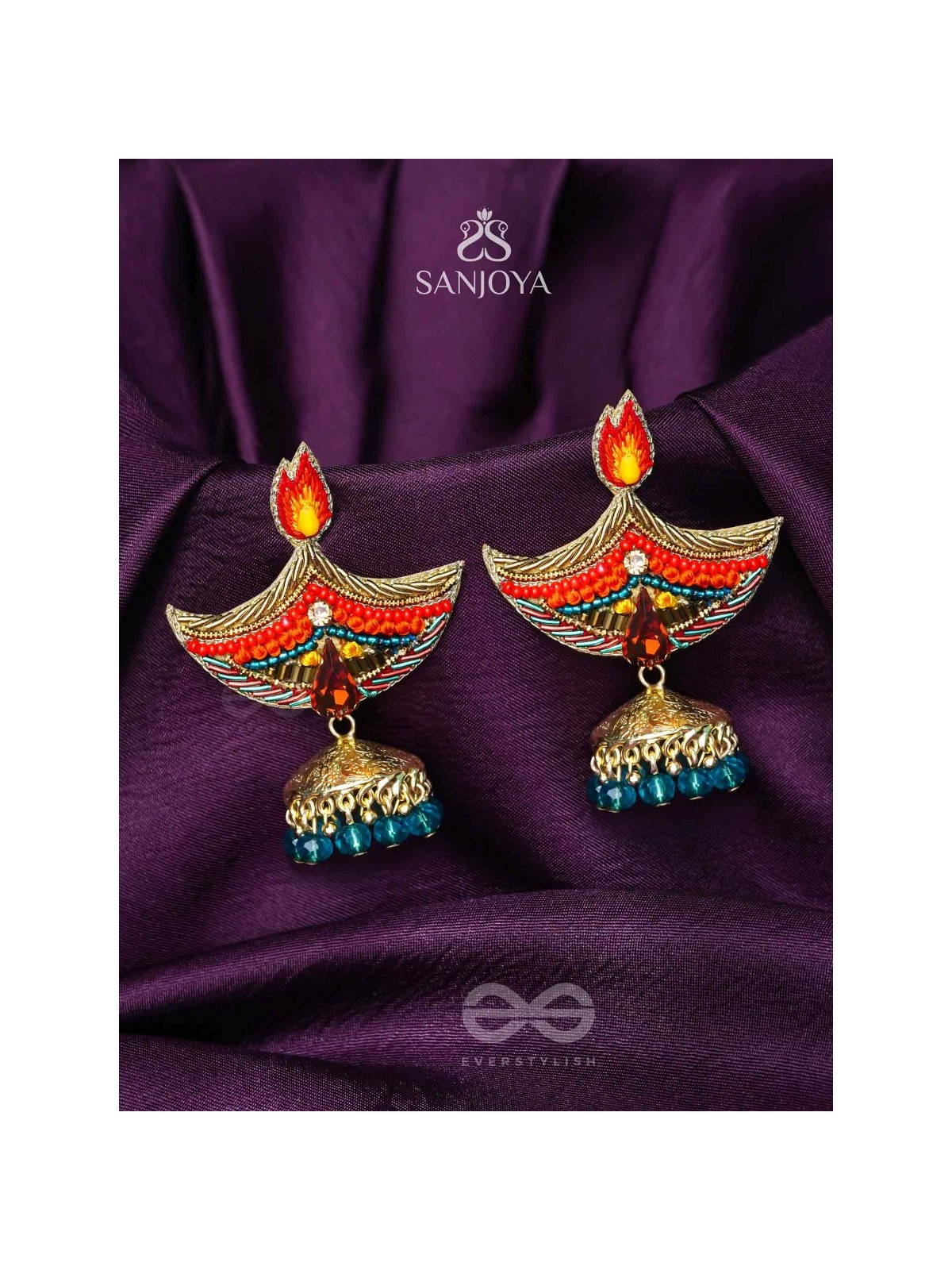 Dipah - Lamp Of Victory - Stone, Resham And Cut Dana Hand Embroidered Earrings