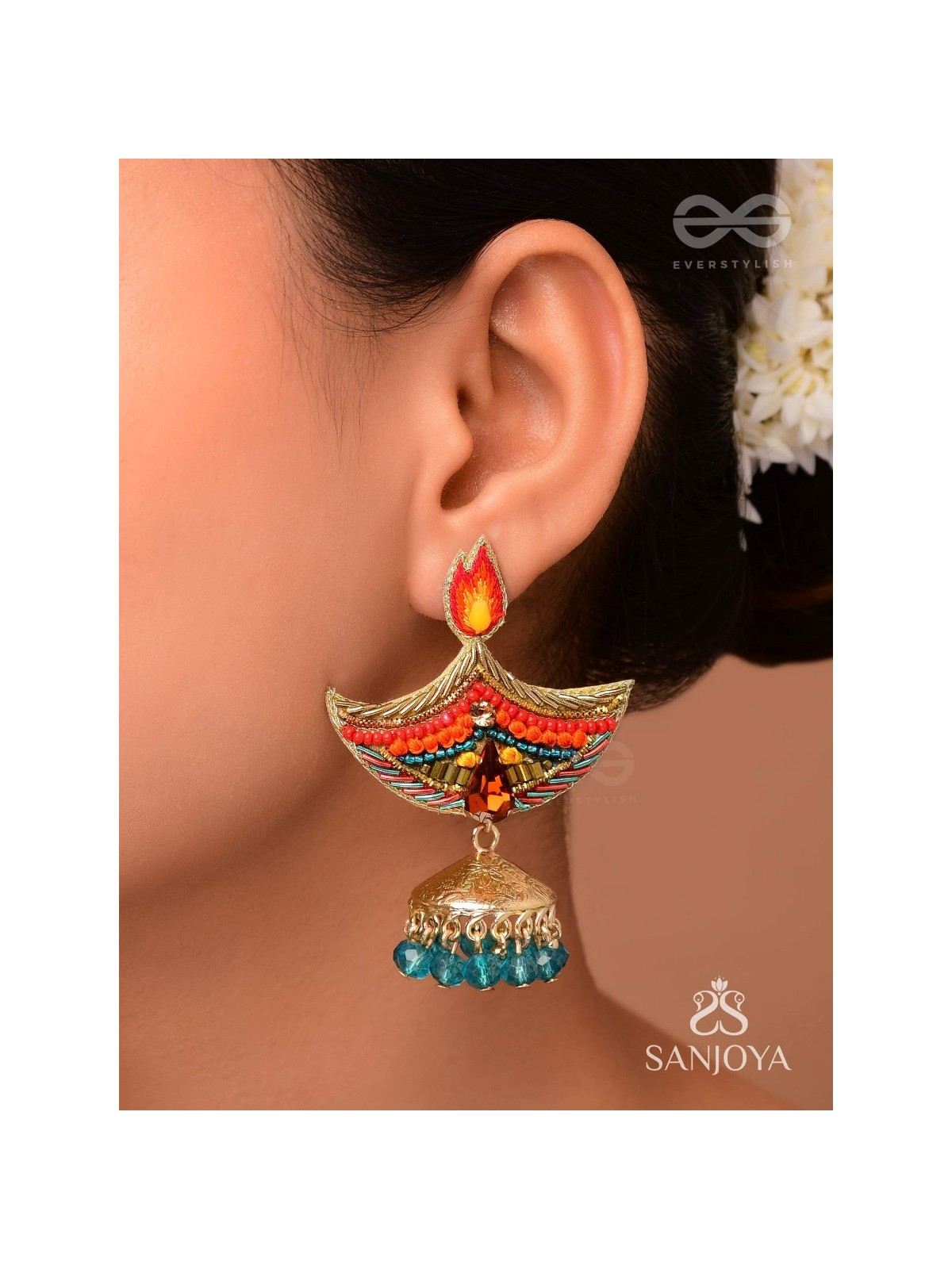 Dipah - Lamp Of Victory - Stone, Resham And Cut Dana Hand Embroidered Earrings