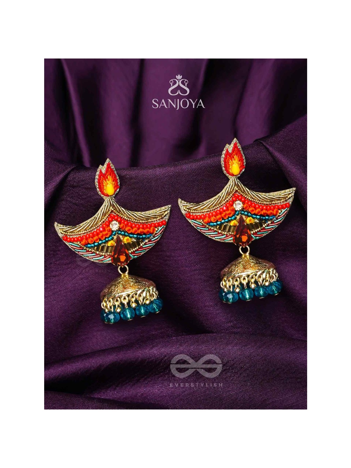 Dipah - Lamp Of Victory - Stone, Resham And Cut Dana Hand Embroidered Earrings