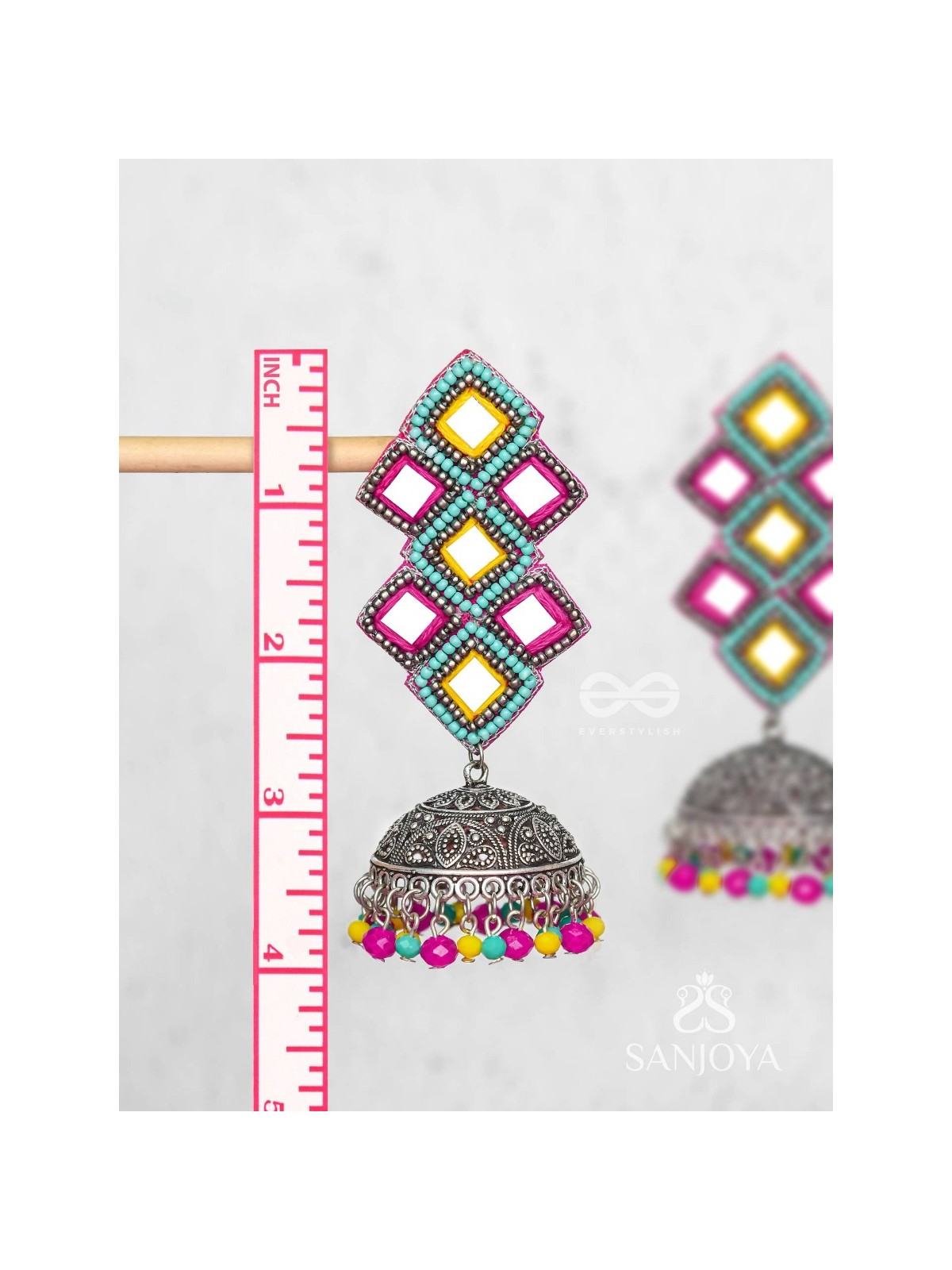 Vasantak - The Vibrant Kites- Mirrors, Resham And Beads Hand Embroidered Oxidised Jhumka Earrings