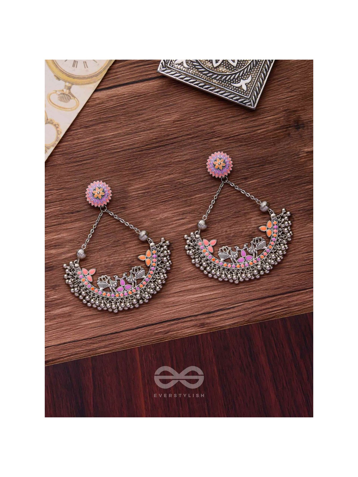 Mystical Peacocks In Coral - Enamelled Oxidised Earrings