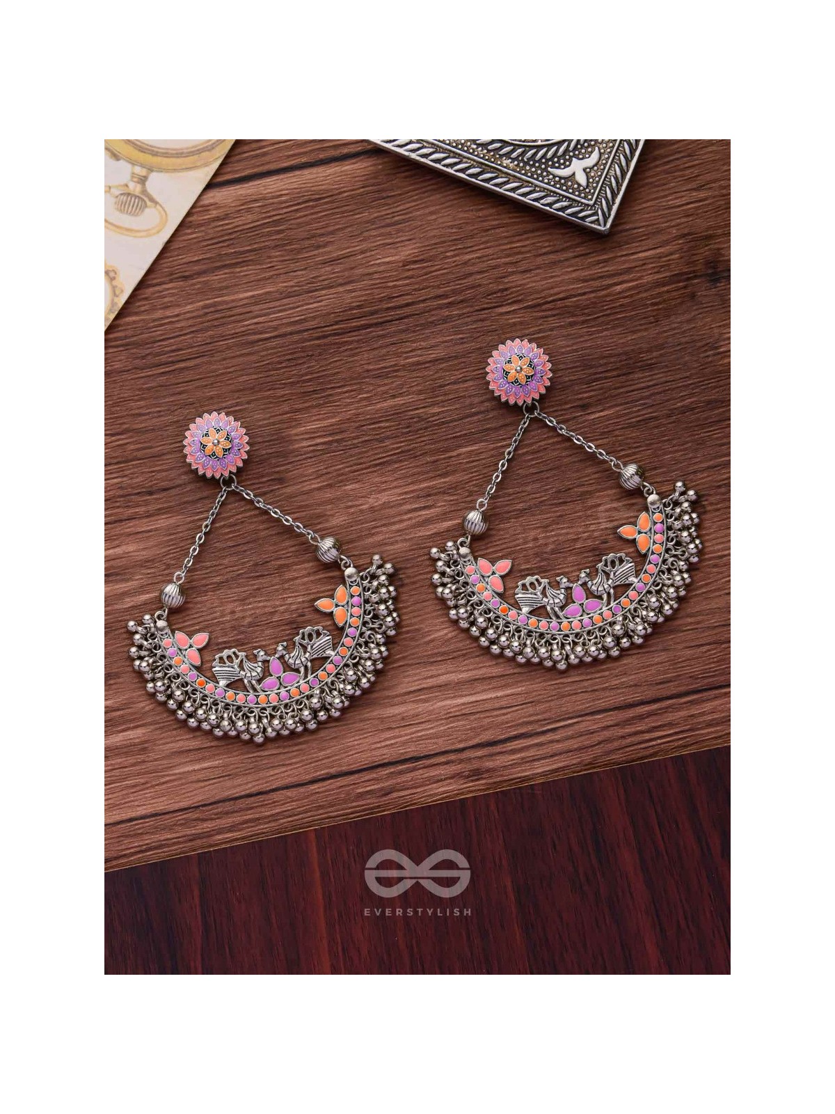 Mystical Peacocks In Coral - Enamelled Oxidised Earrings