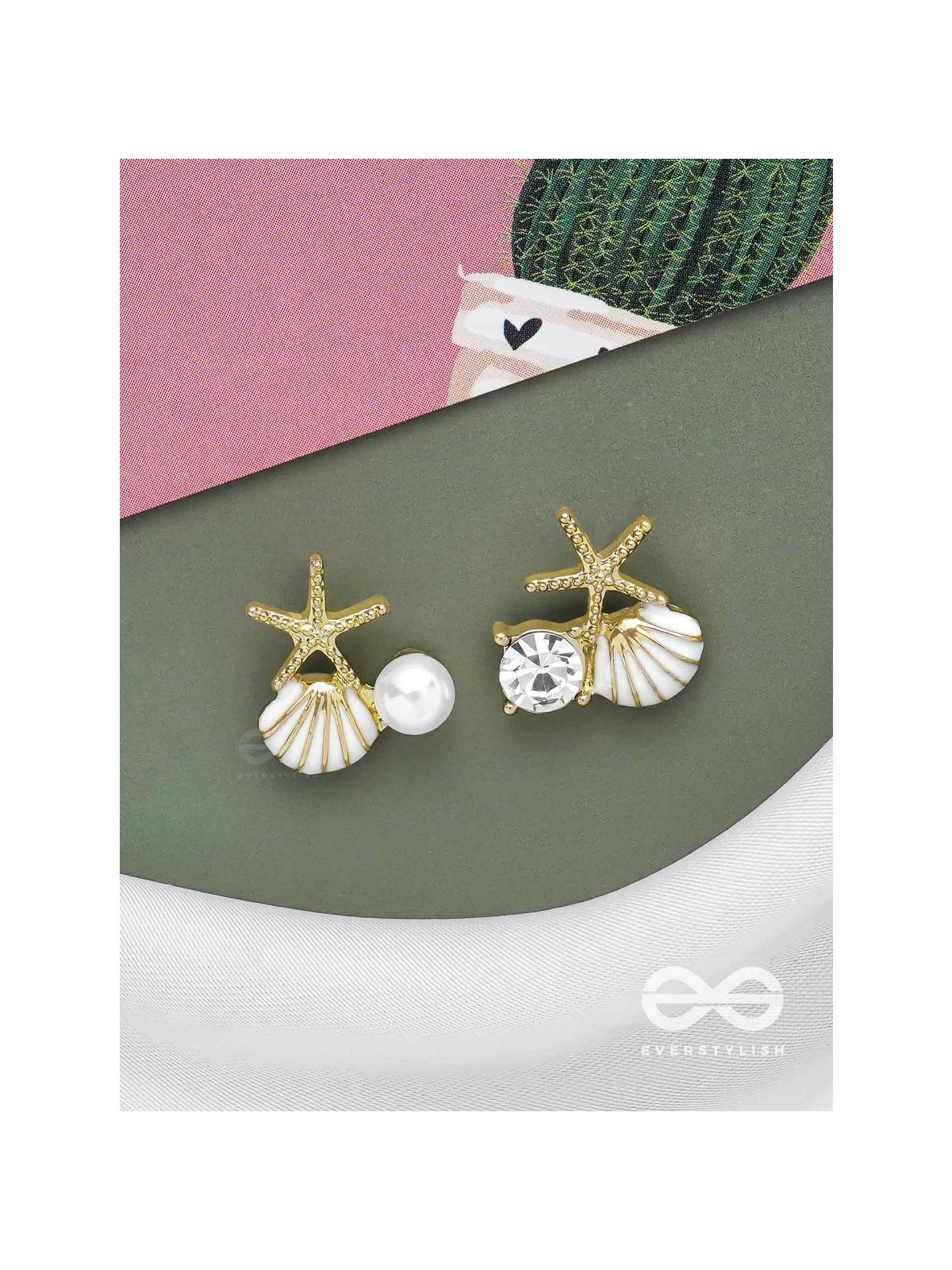 STARFISH & SEASHELL WISHES - GOLDEN AND WHITE EMBELLISHED STUD EARRINGS