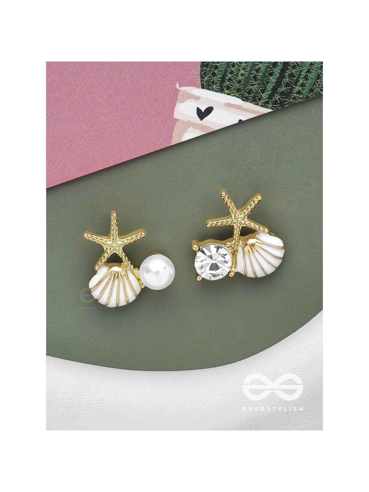 STARFISH & SEASHELL WISHES - GOLDEN AND WHITE EMBELLISHED STUD EARRINGS