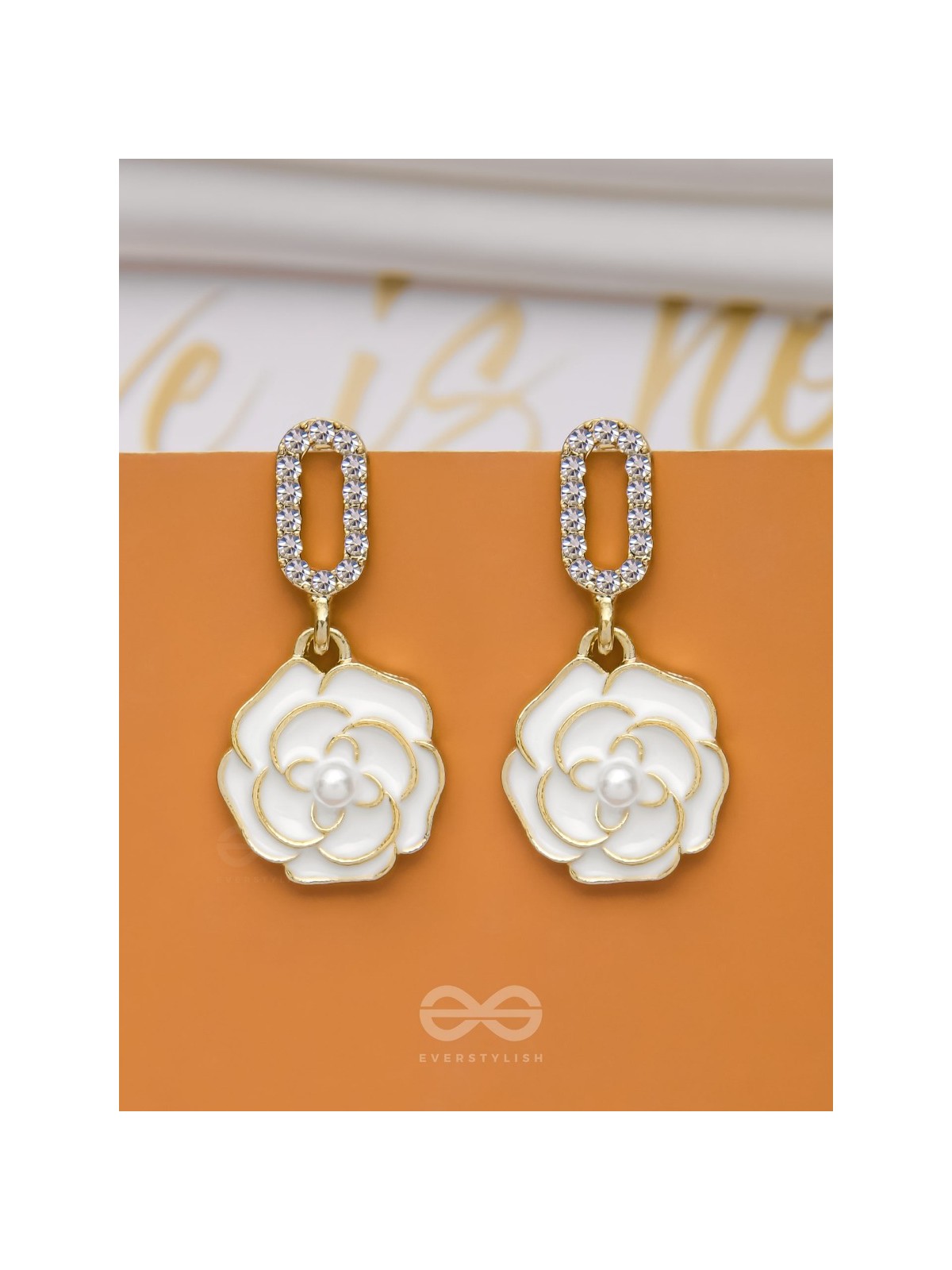 THE MIDNIGHT ROSE - GOLDEN AND WHITE EMBELLISHED EARRINGS