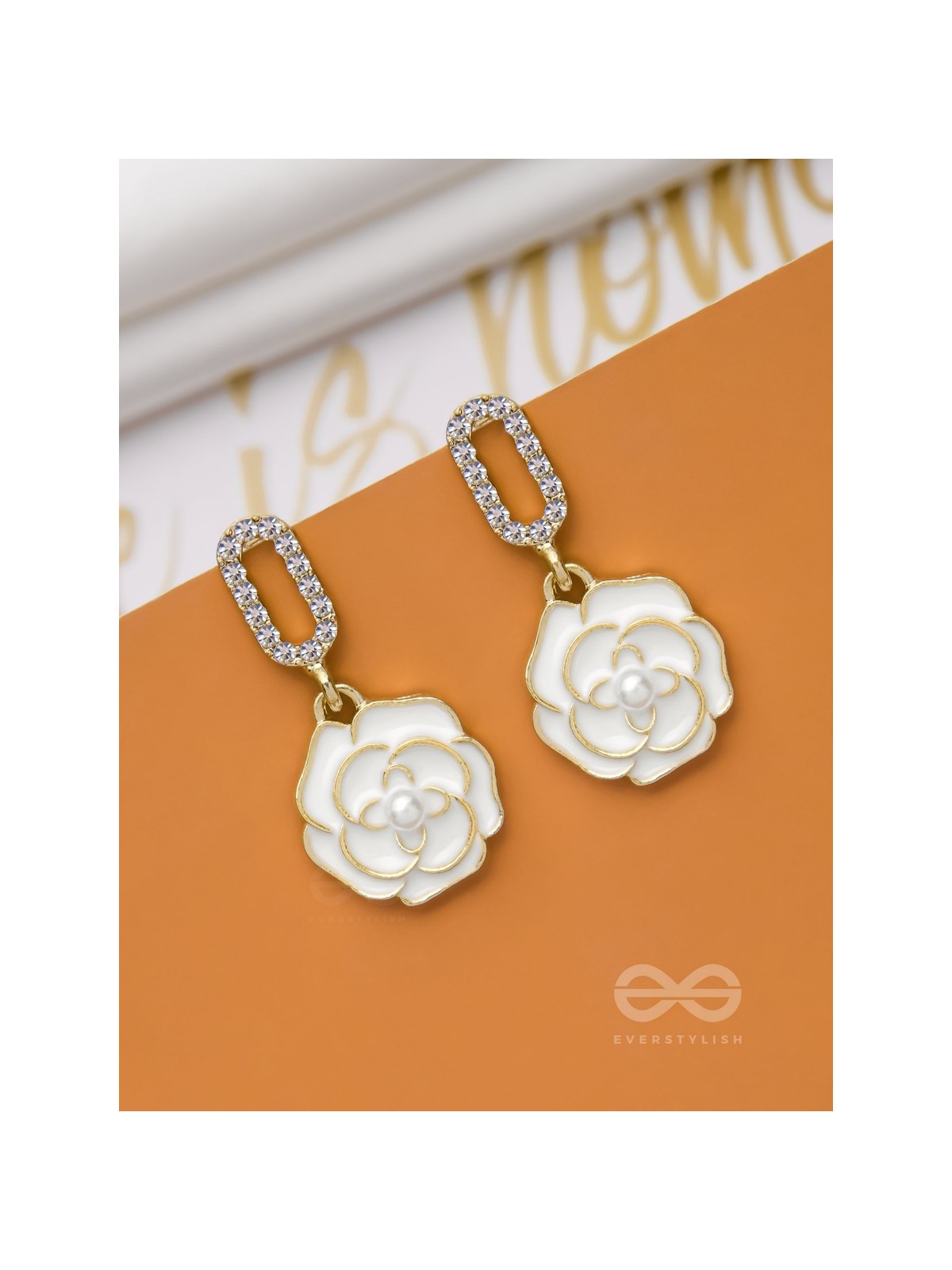 THE MIDNIGHT ROSE - GOLDEN AND WHITE EMBELLISHED EARRINGS