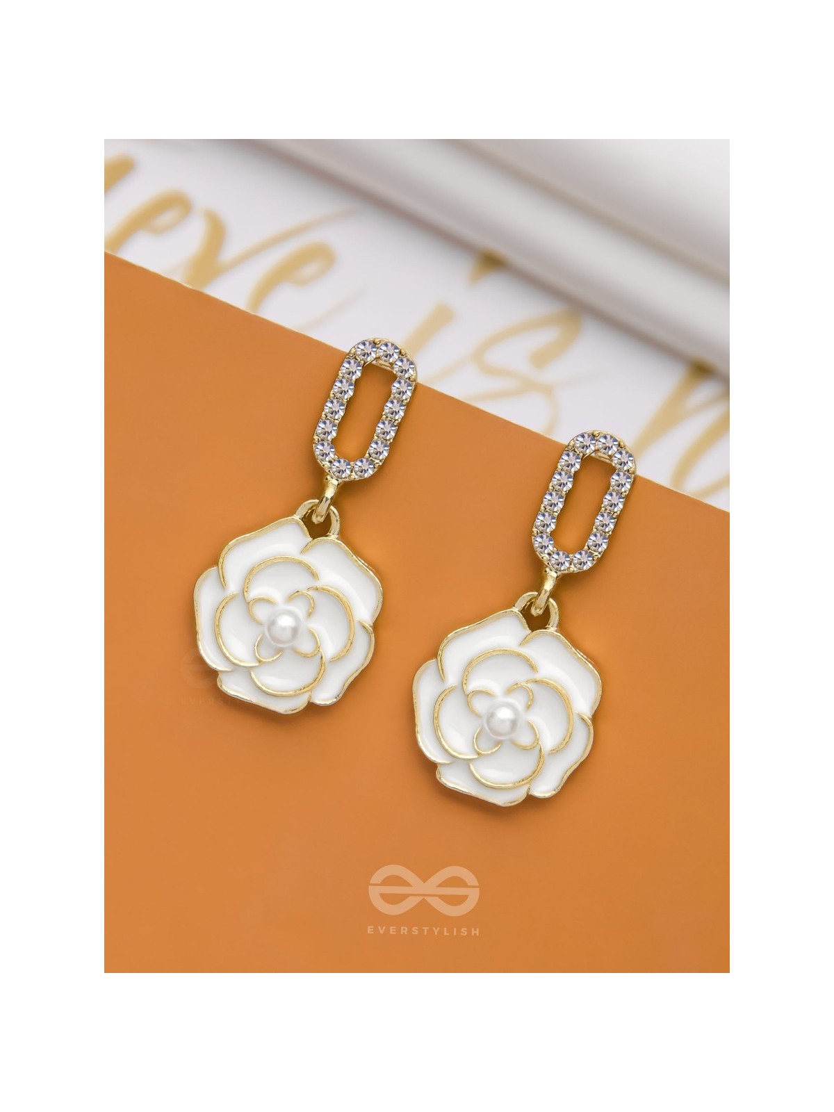 THE MIDNIGHT ROSE - GOLDEN AND WHITE EMBELLISHED EARRINGS